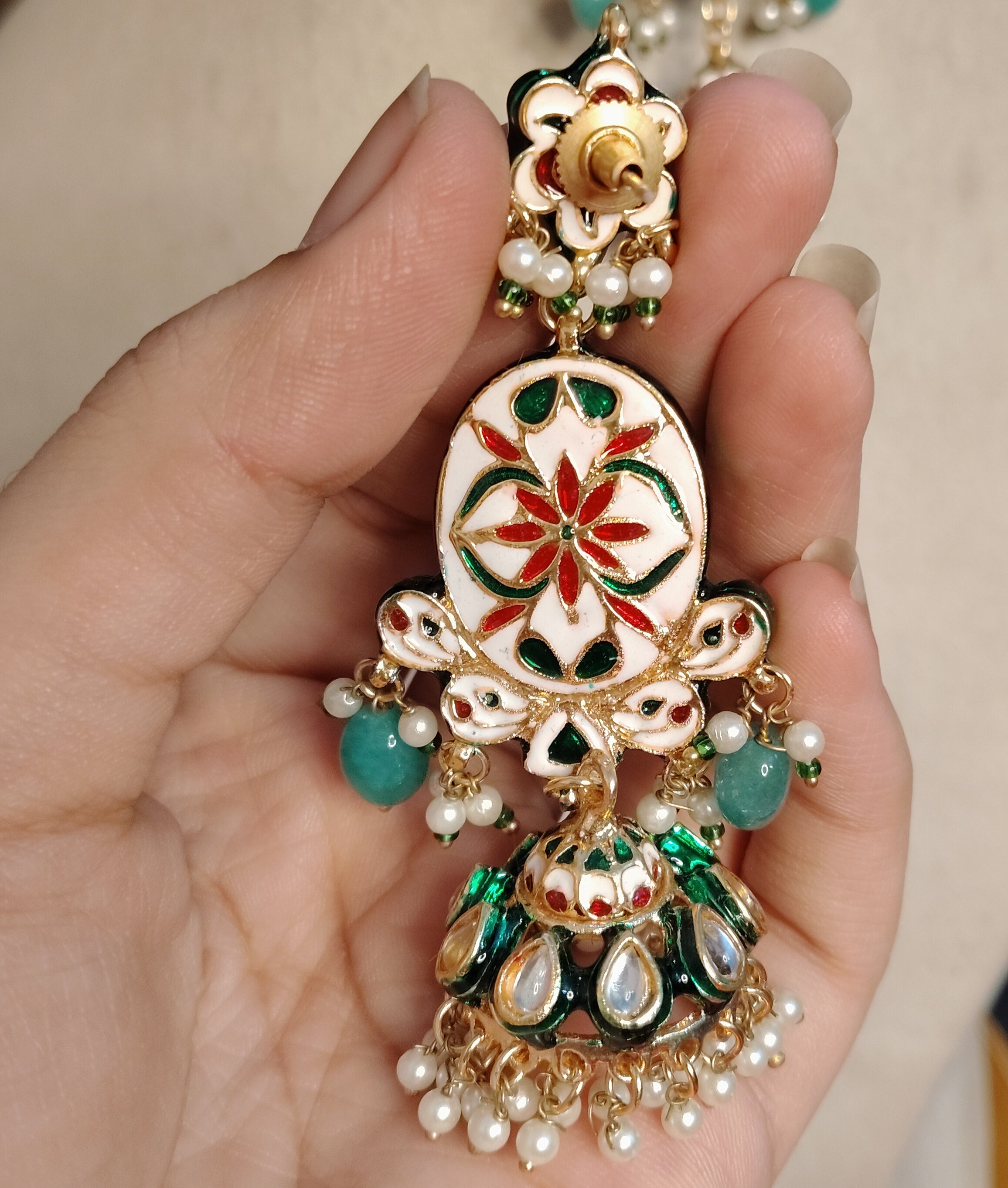 Emerald Green Kundan Jhumka Earrings for Women Pearl Drop Ethnic Roz Jewellers