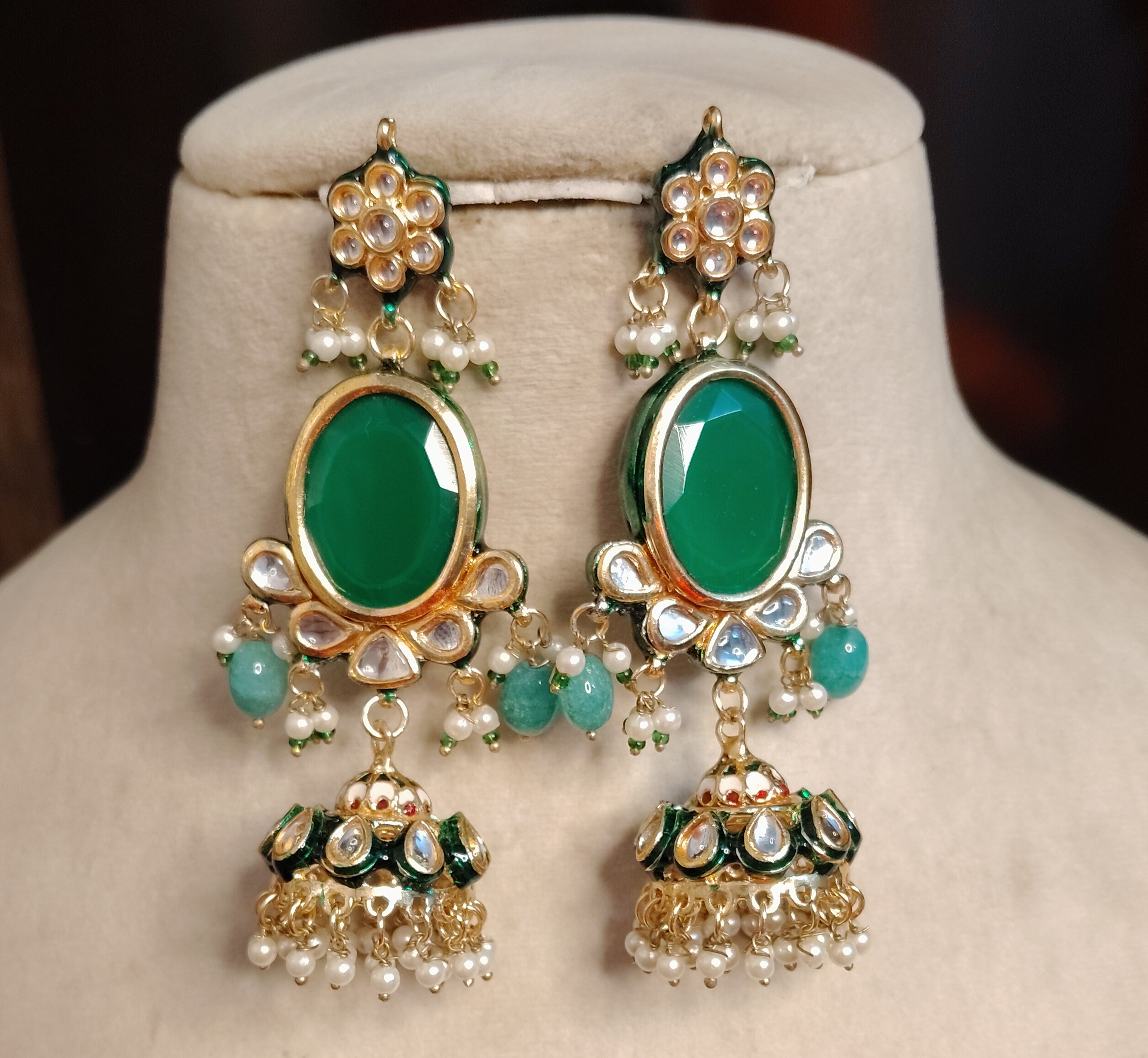 Emerald Green Kundan Jhumka Earrings for Women Pearl Drop Ethnic Roz Jewellers