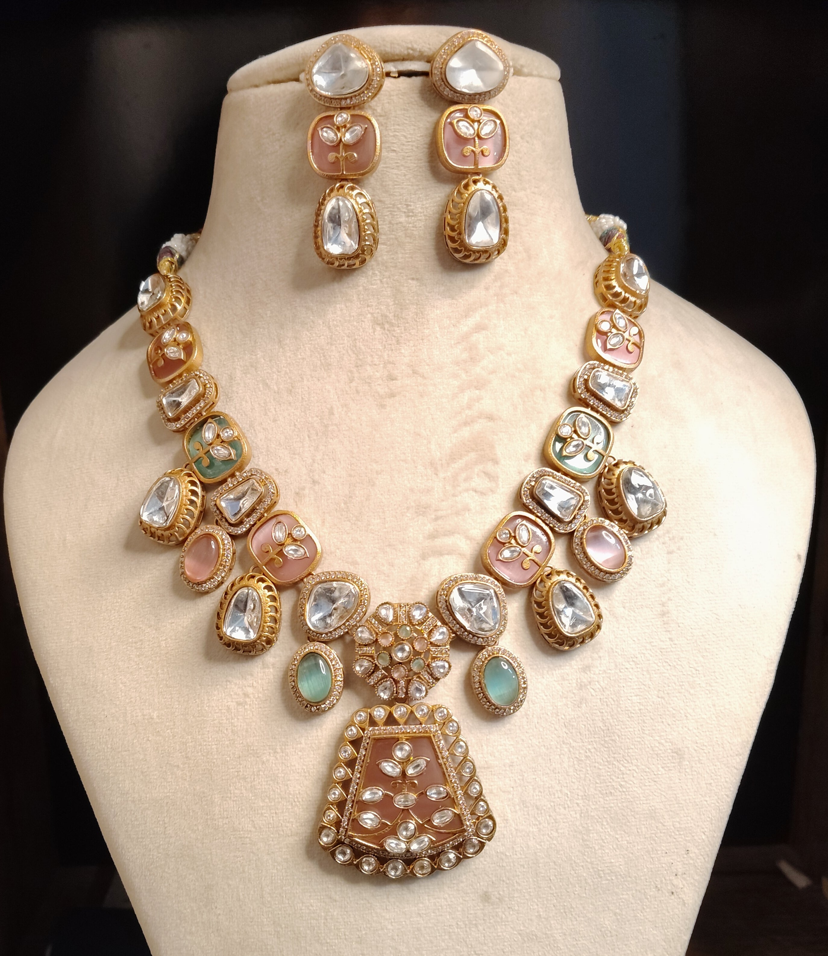 Zunaira Traditional Indian Aqua Kundan Inspired Necklace Set Roz Jewellers.