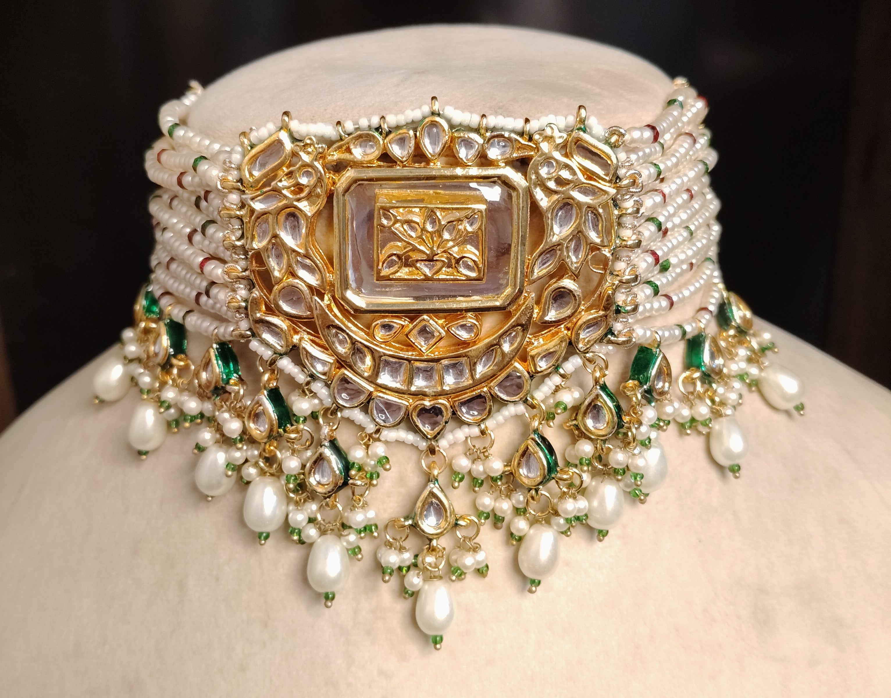 Regal Kundan Pearl Choker with Layered Pearl Strands & Elegant Pearl Roz Jewelle