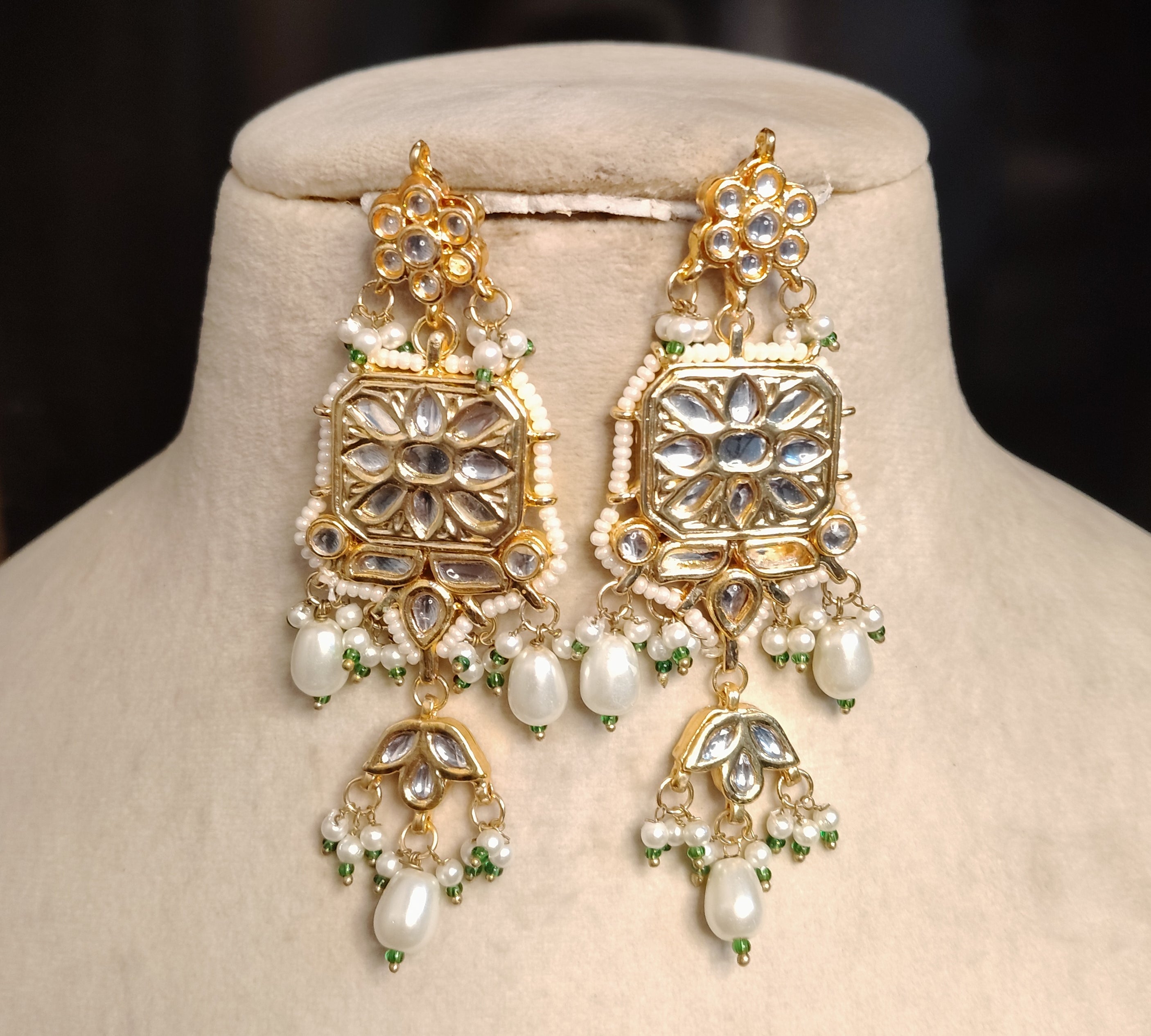 Indian Kundan Pearl Choker Necklace Set with pearl beads Roz Jewellers.