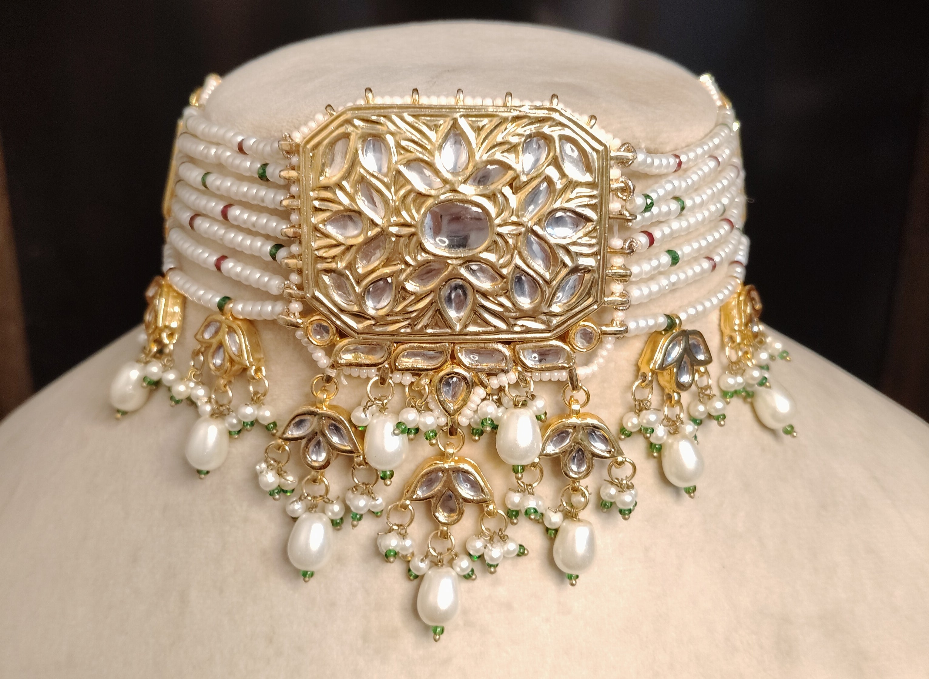 Indian Kundan Pearl Choker Necklace Set with pearl beads Roz Jewellers.