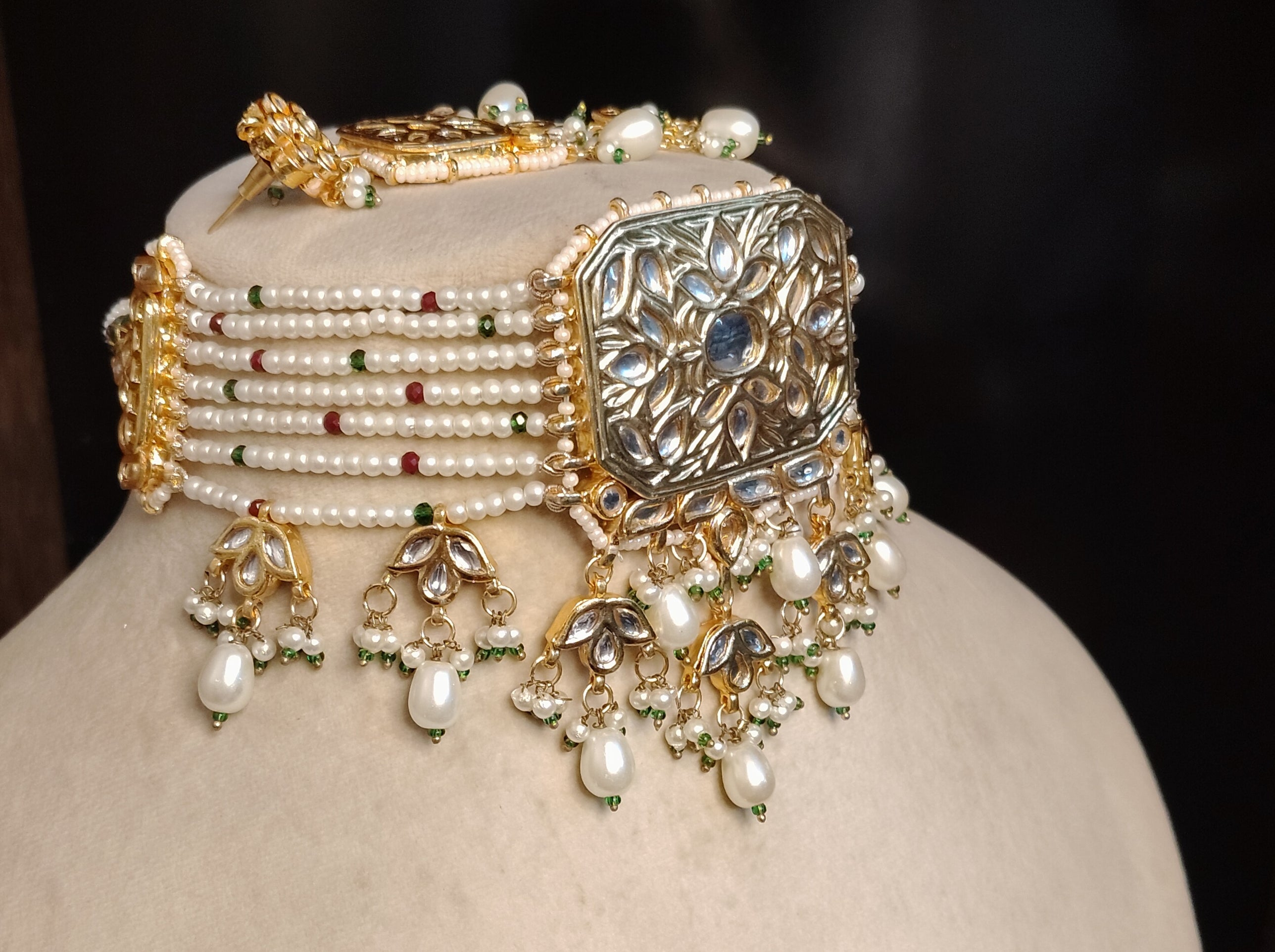 Indian Kundan Pearl Choker Necklace Set with pearl beads Roz Jewellers.