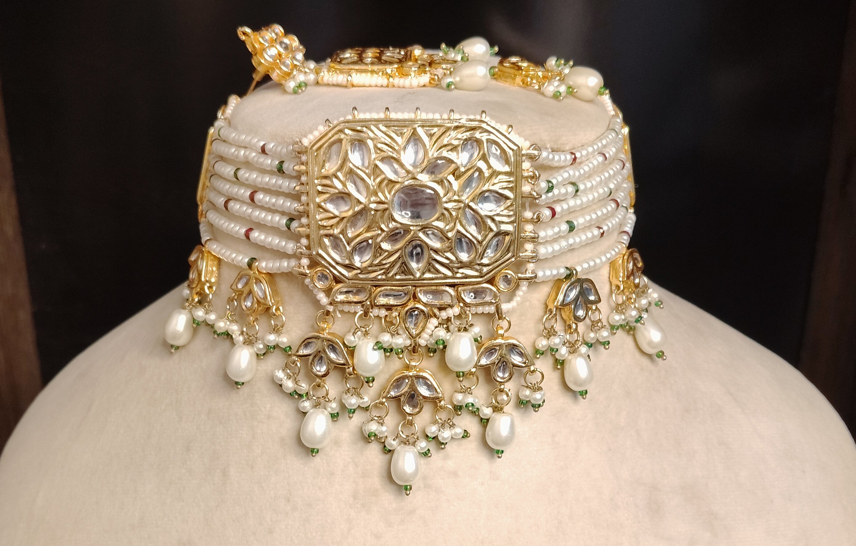 Indian Kundan Pearl Choker Necklace Set with pearl beads Roz Jewellers.