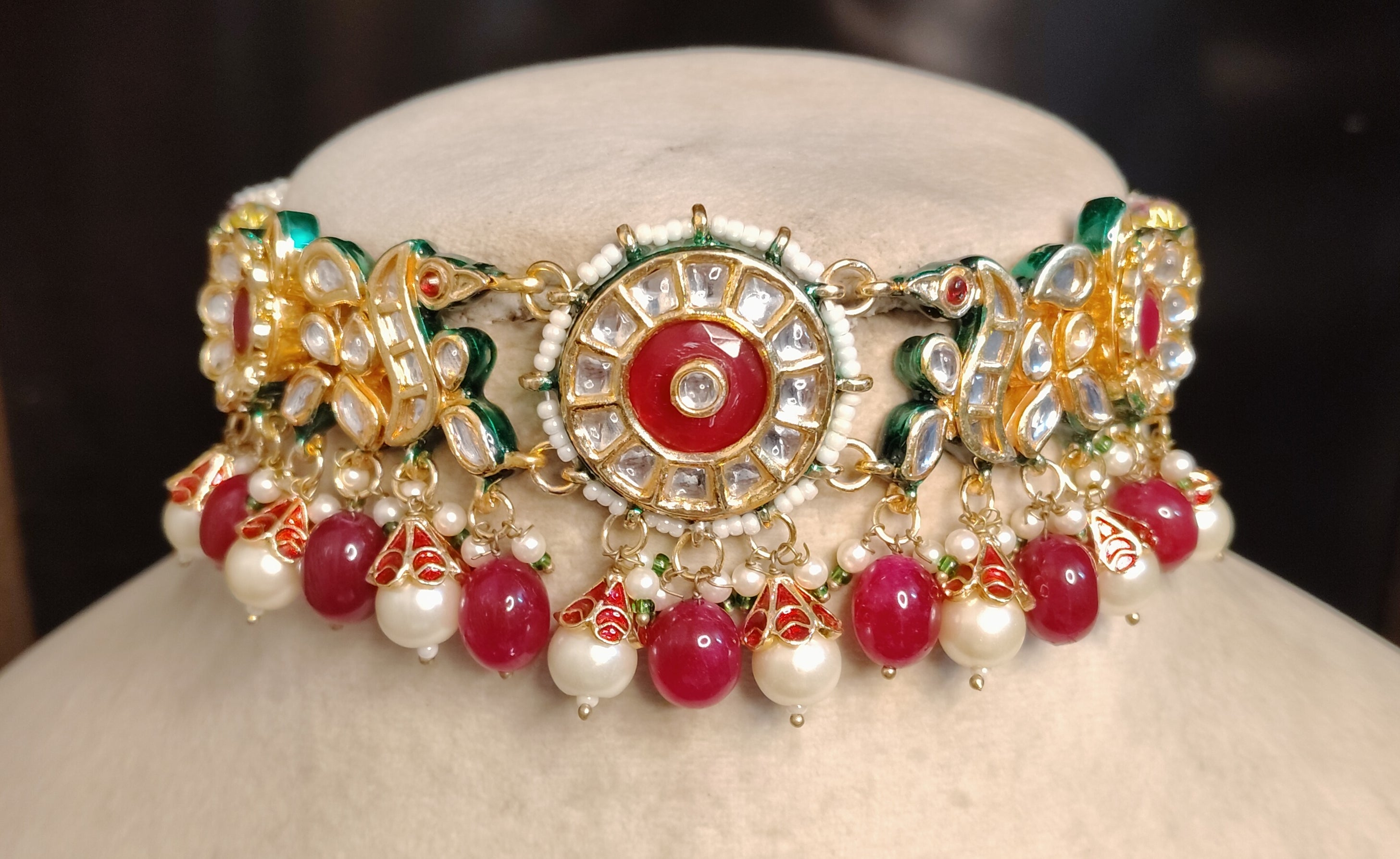 Royal Kundan Choker Necklace Set Pink Beads and White Pearl Choker Roz Jewellers