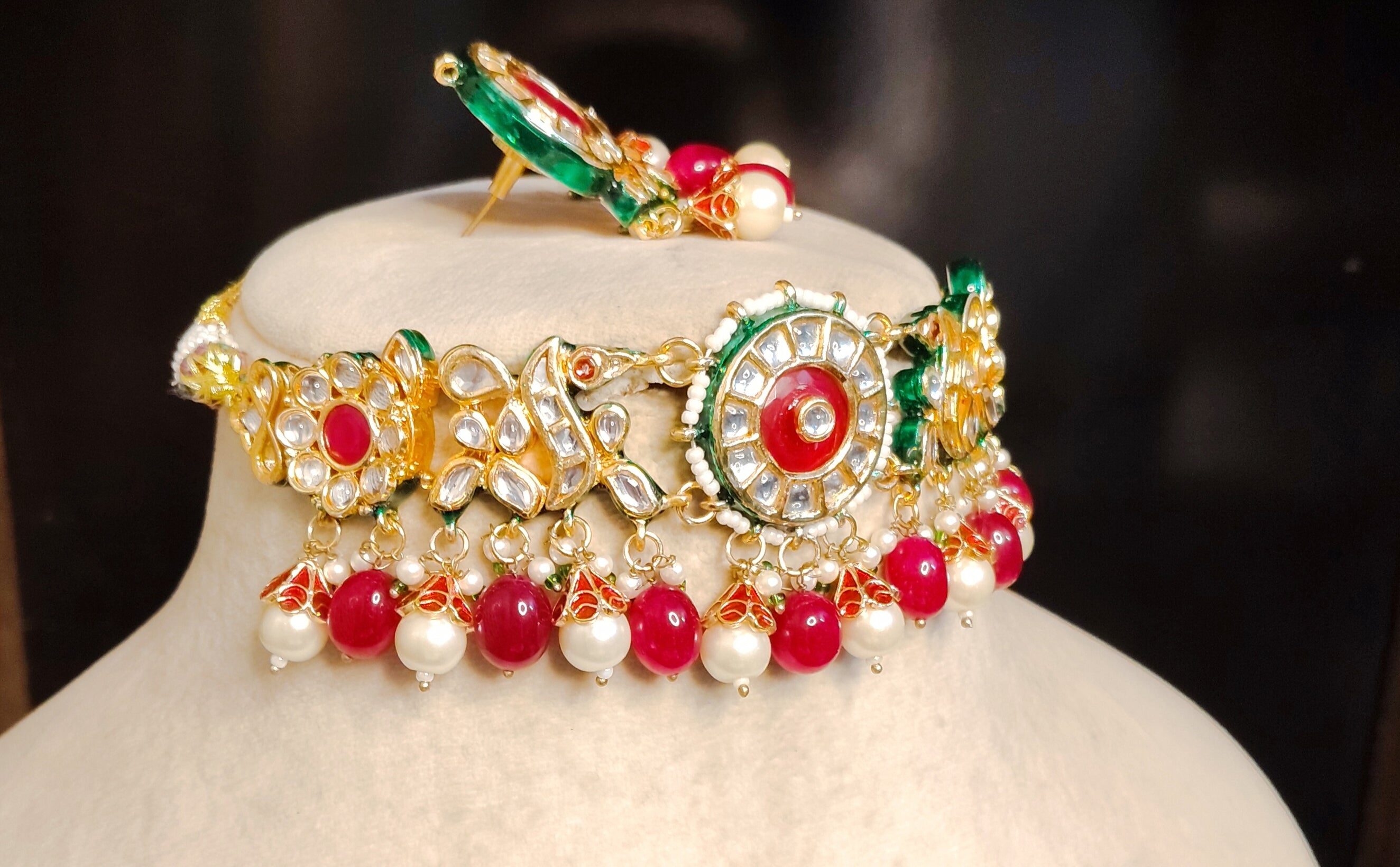Royal Kundan Choker Necklace Set Pink Beads and White Pearl Choker Roz Jewellers