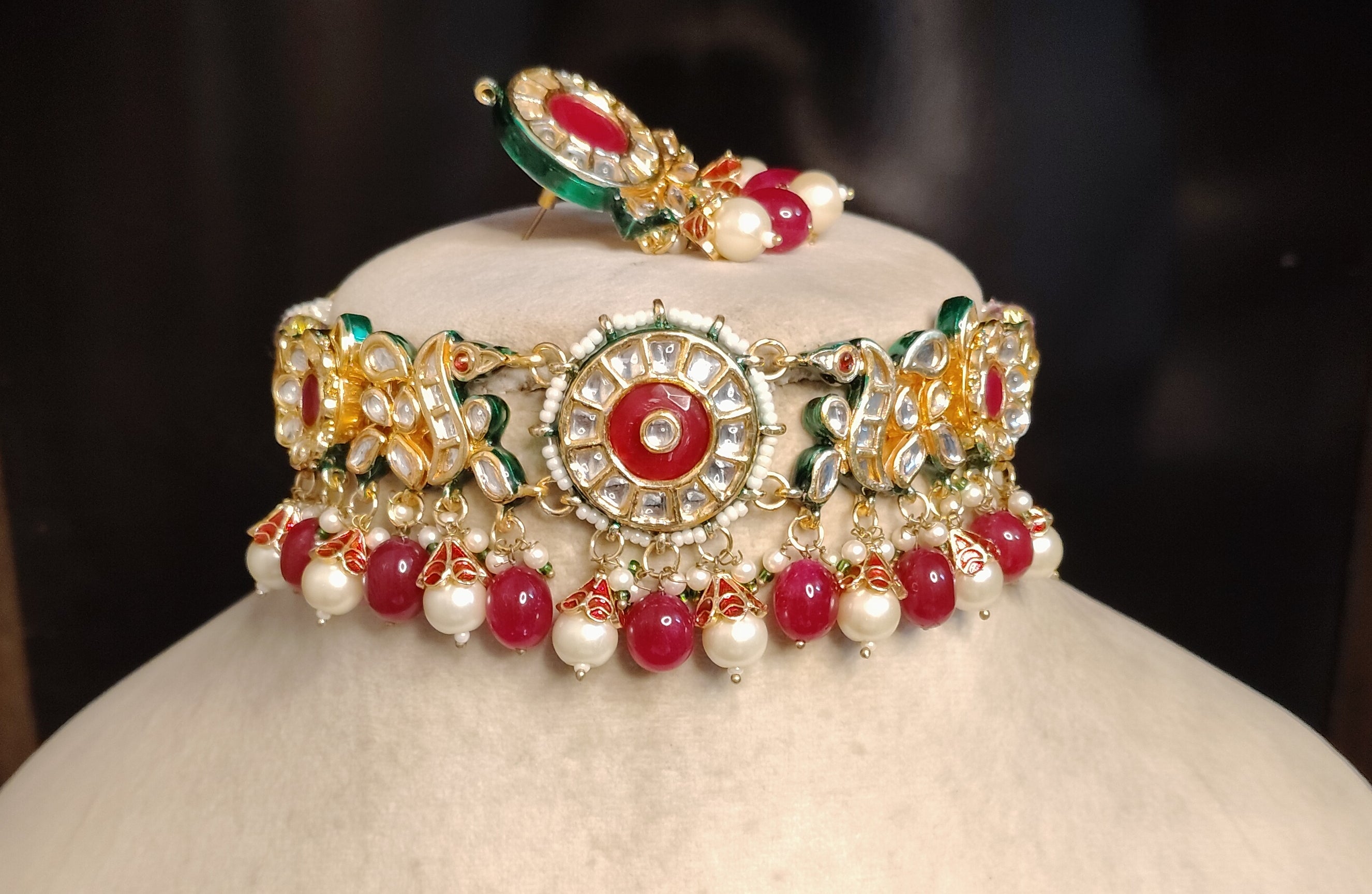 Royal Kundan Choker Necklace Set Pink Beads and White Pearl Choker Roz Jewellers