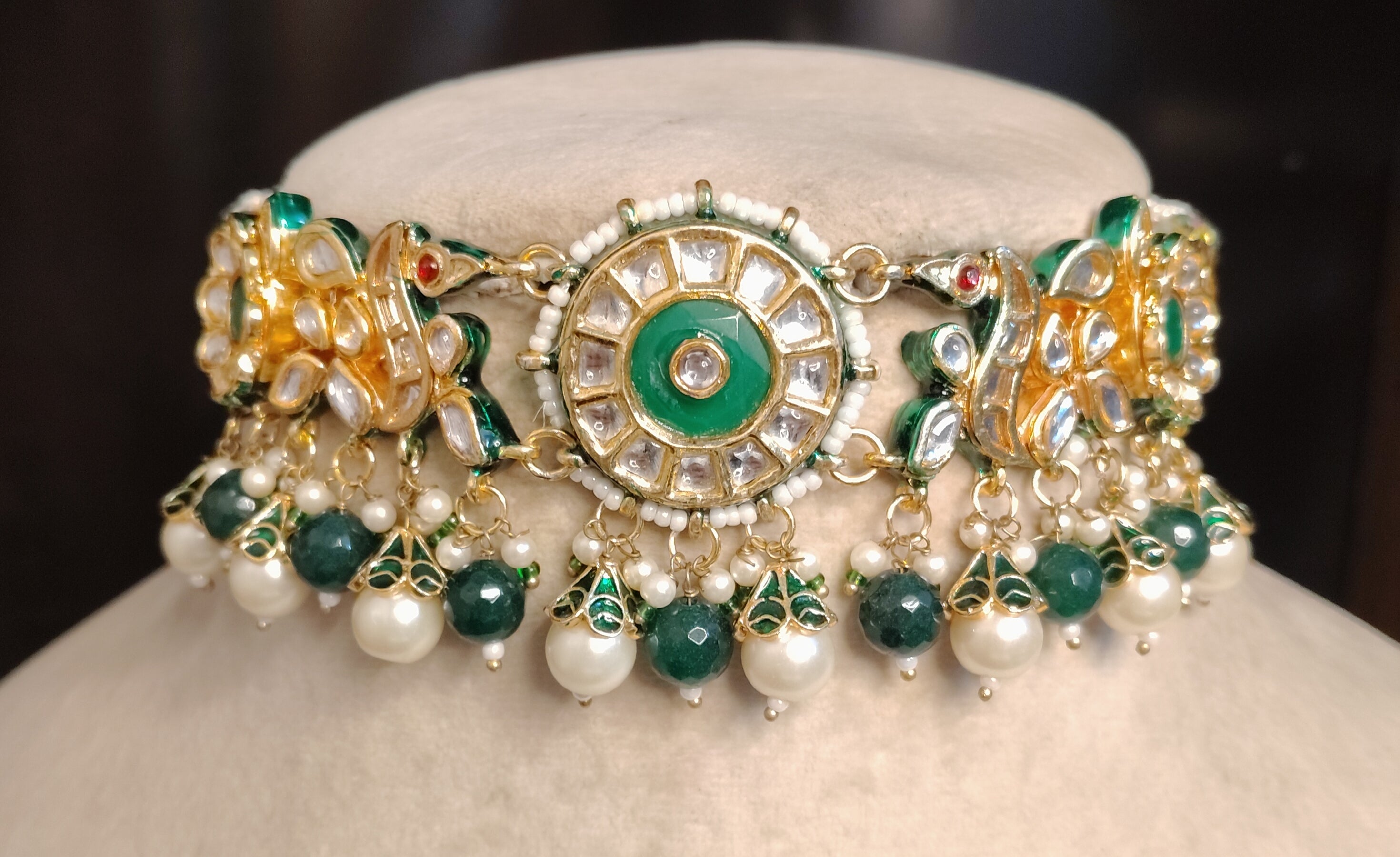 Traditional Green Kundan Necklace Set with Pearl Dangling Beads Roz jewellers