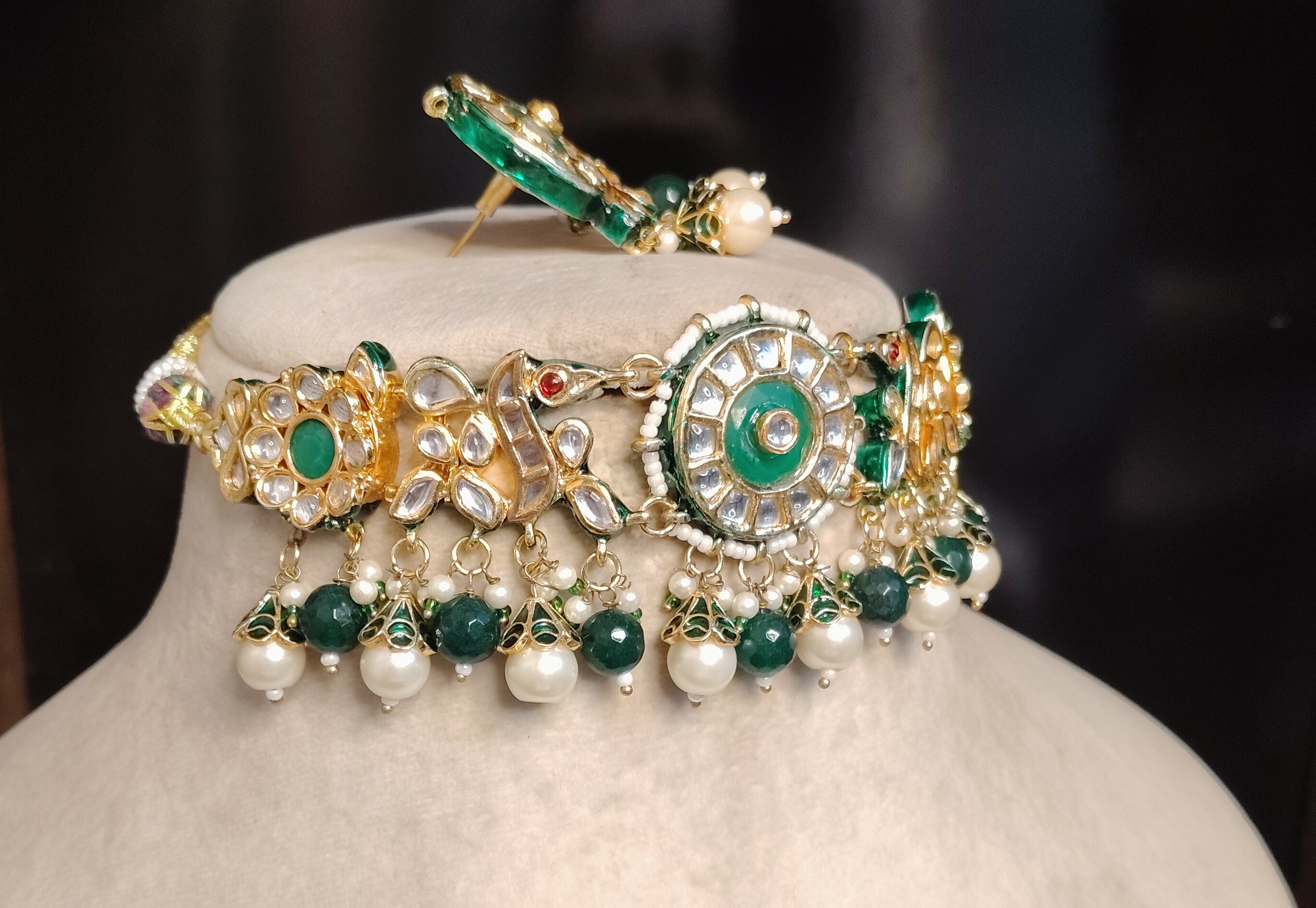 Traditional Green Kundan Necklace Set with Pearl Dangling Beads Roz jewellers