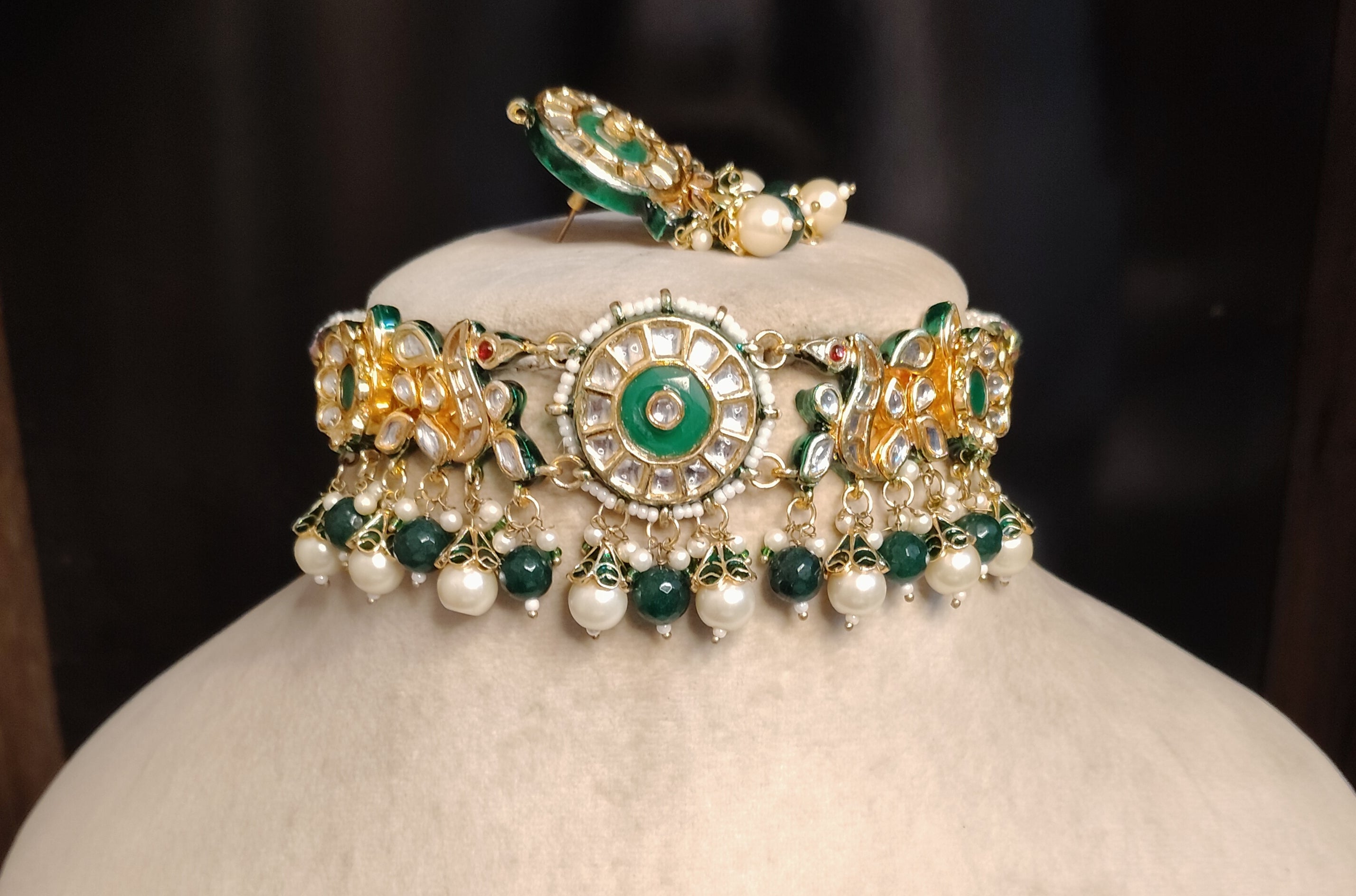Traditional Green Kundan Necklace Set with Pearl Dangling Beads Roz jewellers