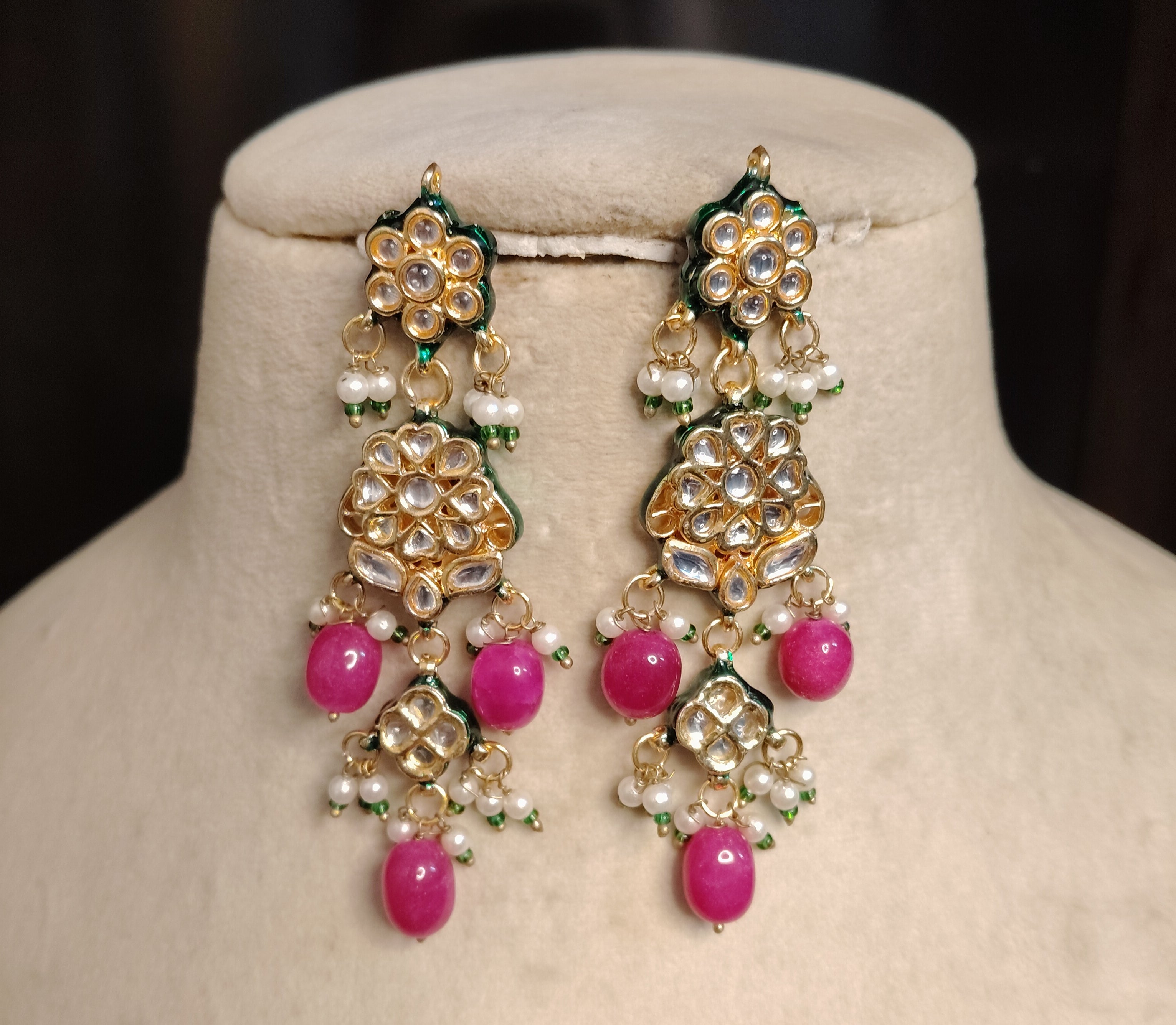 Indian Kundan Pearl Choker Necklace Earrings Set with Pink Drops Roz Jewellers