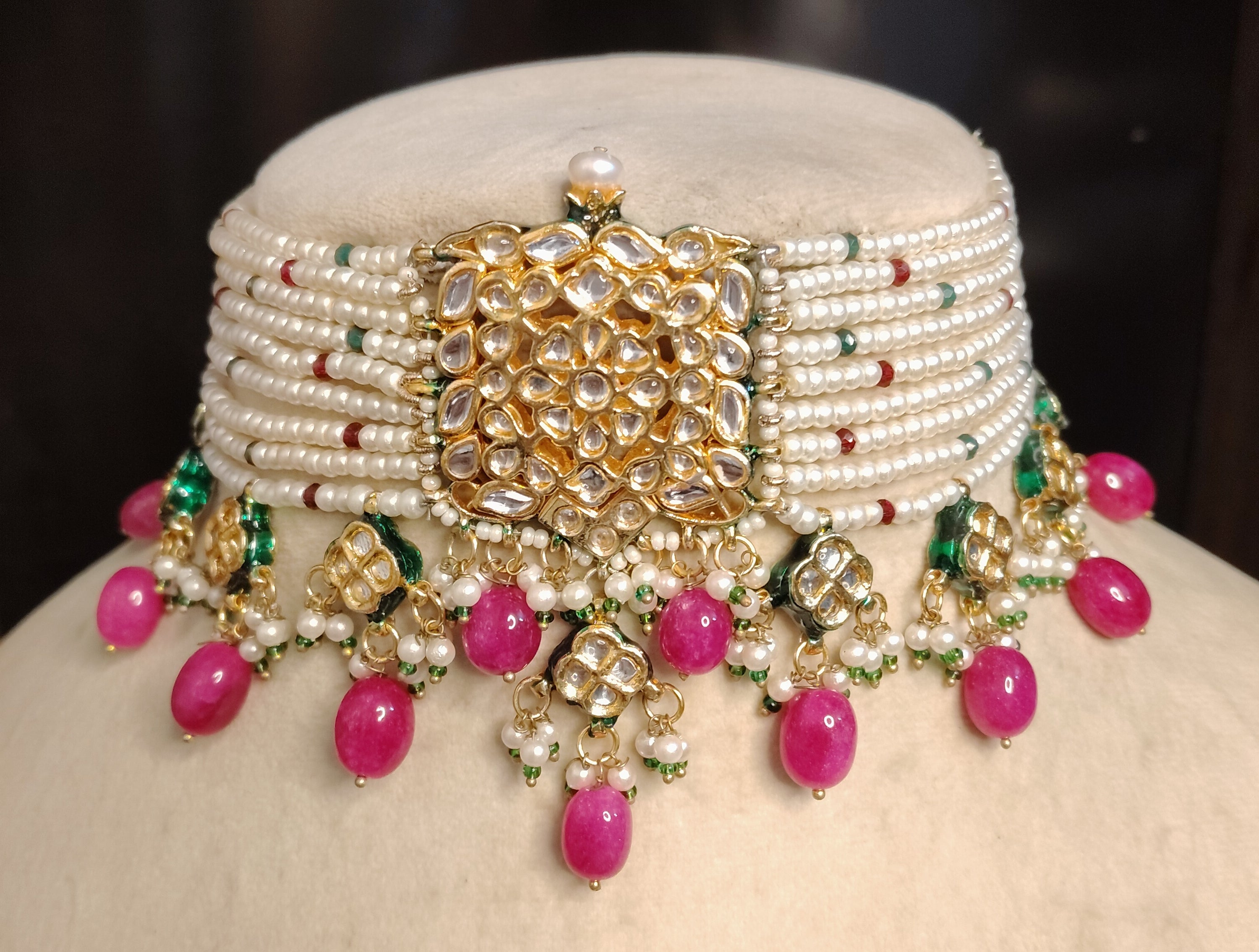 Indian Kundan Pearl Choker Necklace Earrings Set with Pink Drops Roz Jewellers