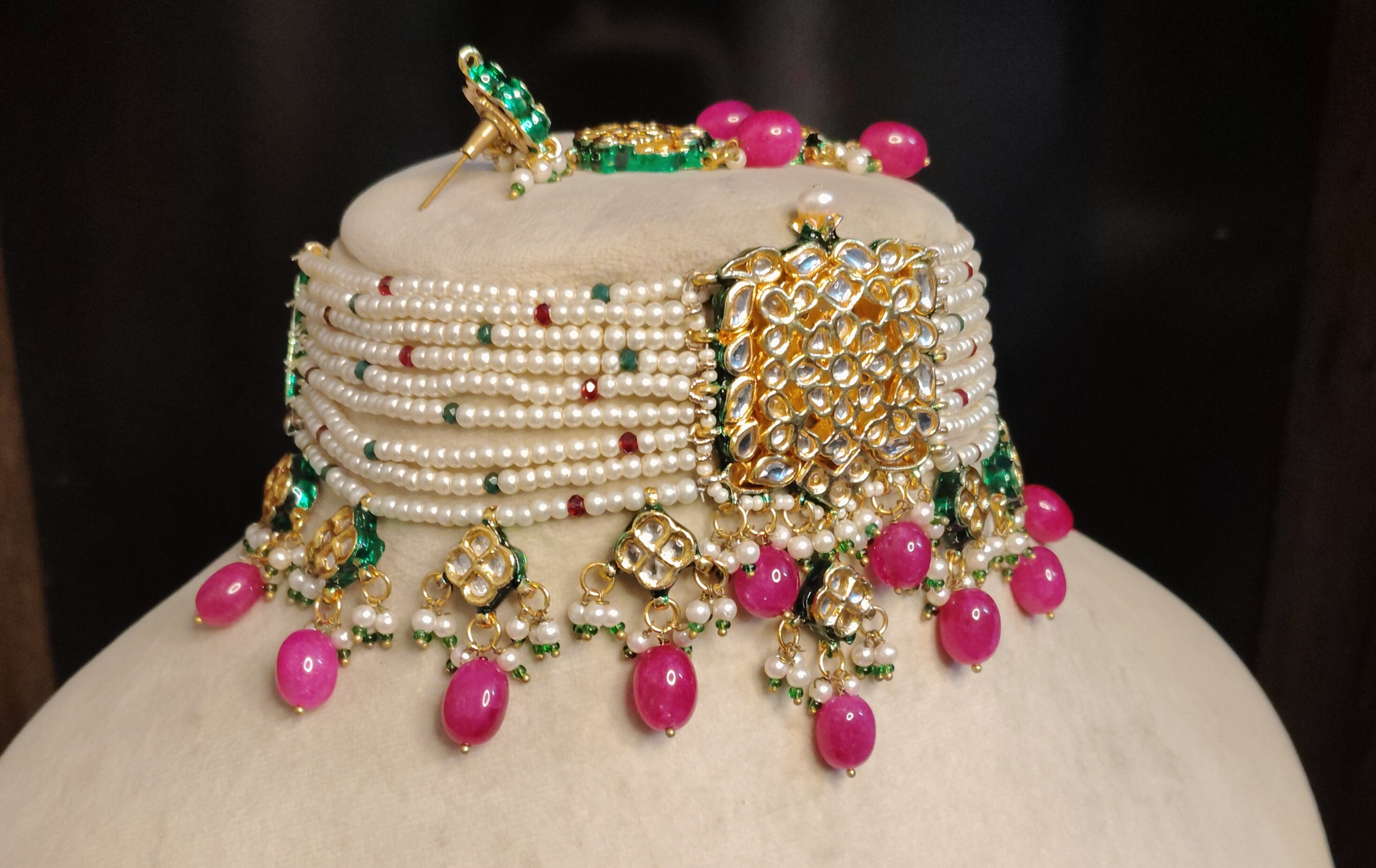 Indian Kundan Pearl Choker Necklace Earrings Set with Pink Drops Roz Jewellers