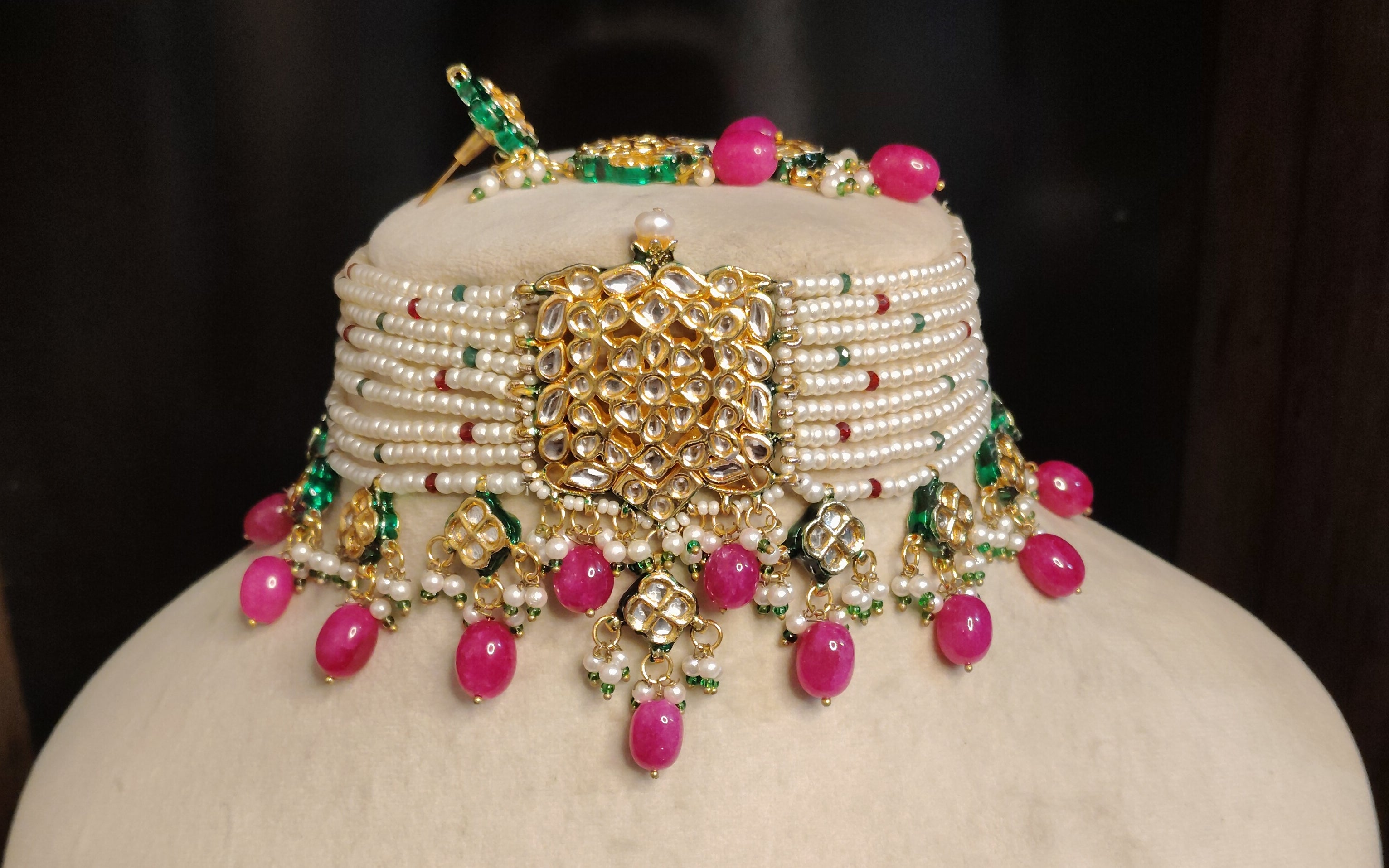 Indian Kundan Pearl Choker Necklace Earrings Set with Pink Drops Roz Jewellers