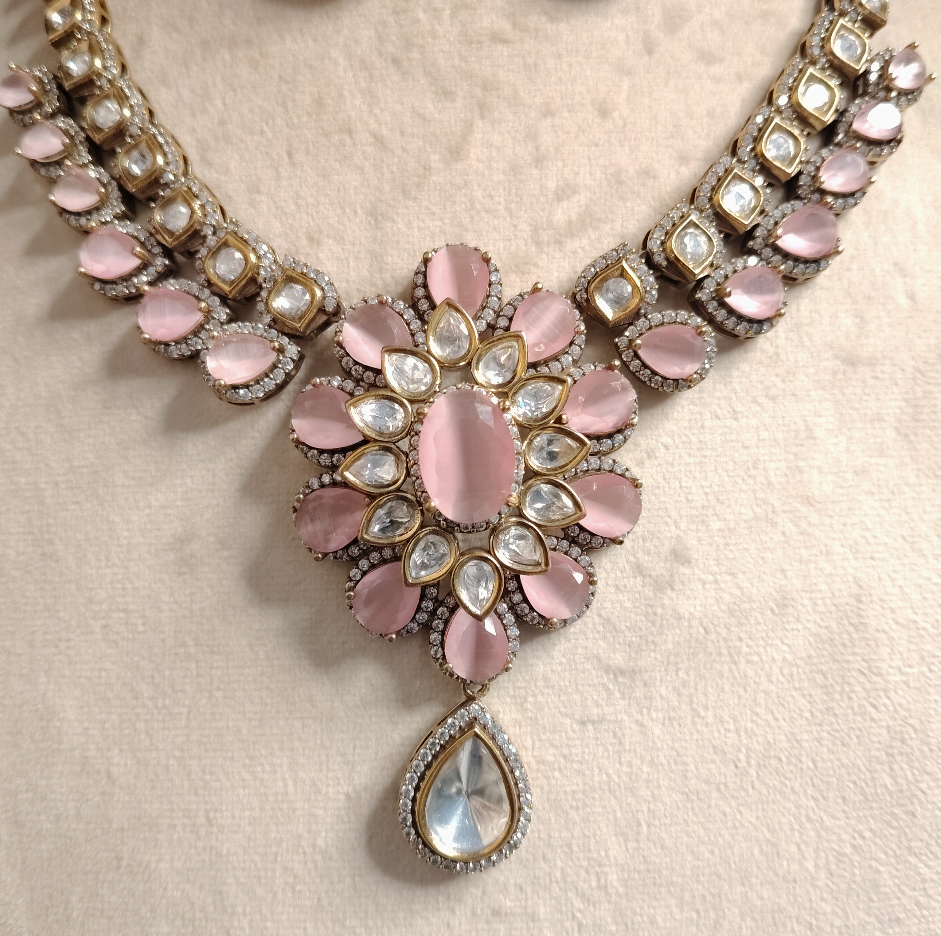 Safiya Traditional Pink Stone Kundan Necklace Set Roz Jewellers.
