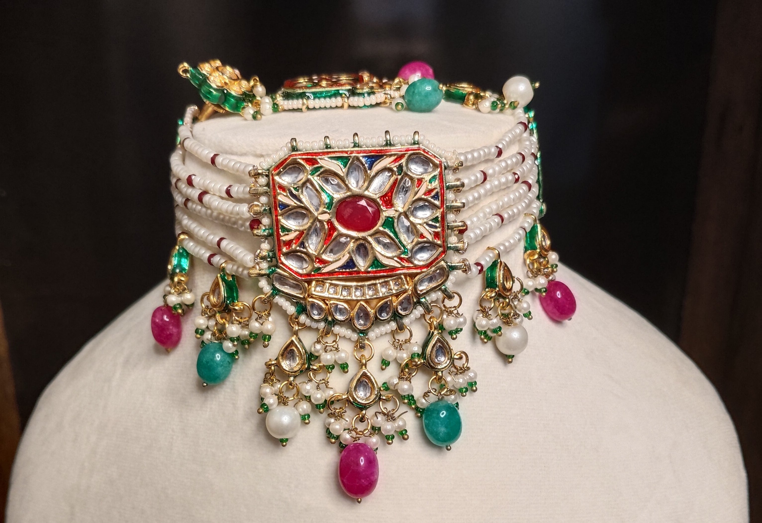 Multicolor Kundan Pearl Choker Necklace Set with Earrings Roz Jewellers.