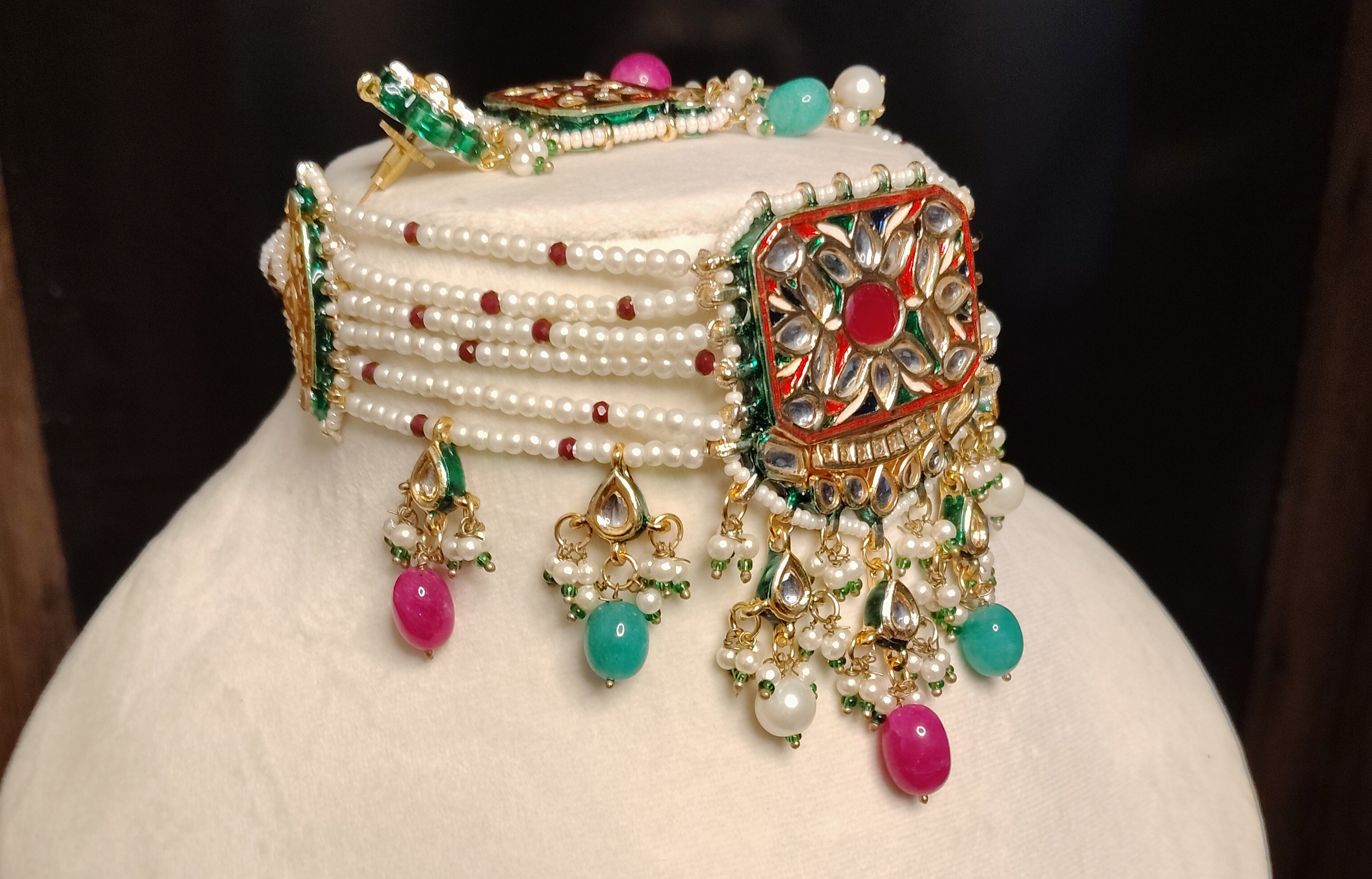 Multicolor Kundan Pearl Choker Necklace Set with Earrings Roz Jewellers.