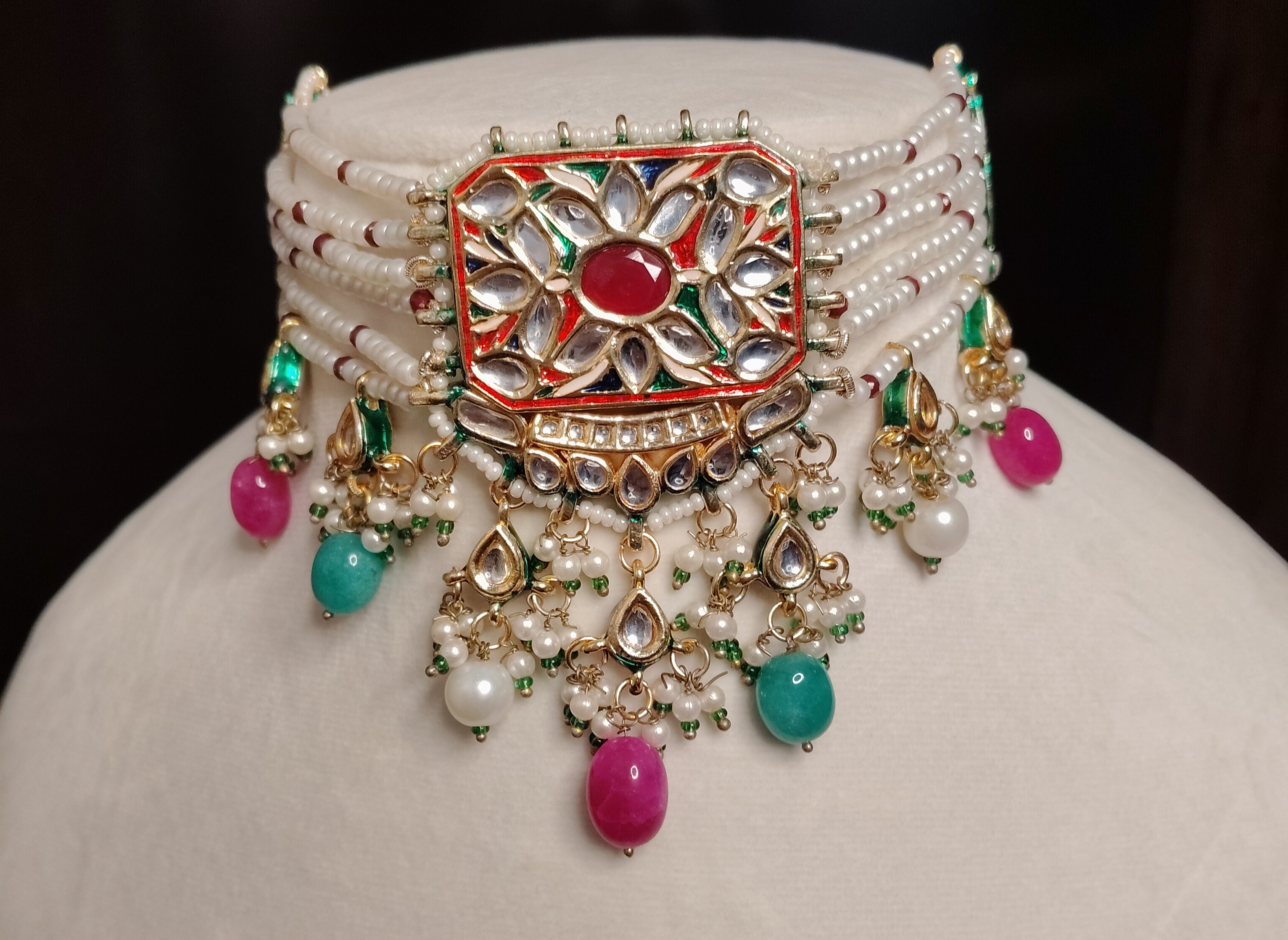 Multicolor Kundan Pearl Choker Necklace Set with Earrings Roz Jewellers.