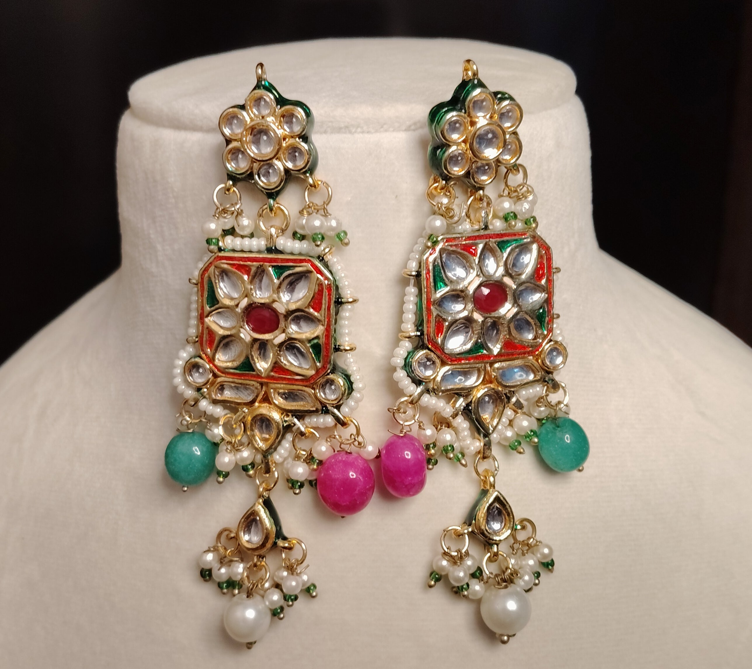 Multicolor Kundan Pearl Choker Necklace Set with Earrings Roz Jewellers.