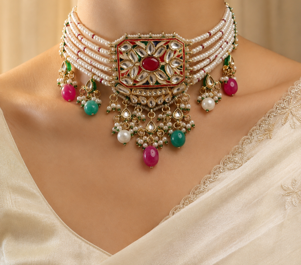 Multicolor Kundan Pearl Choker Necklace Set with Earrings Roz Jewellers.