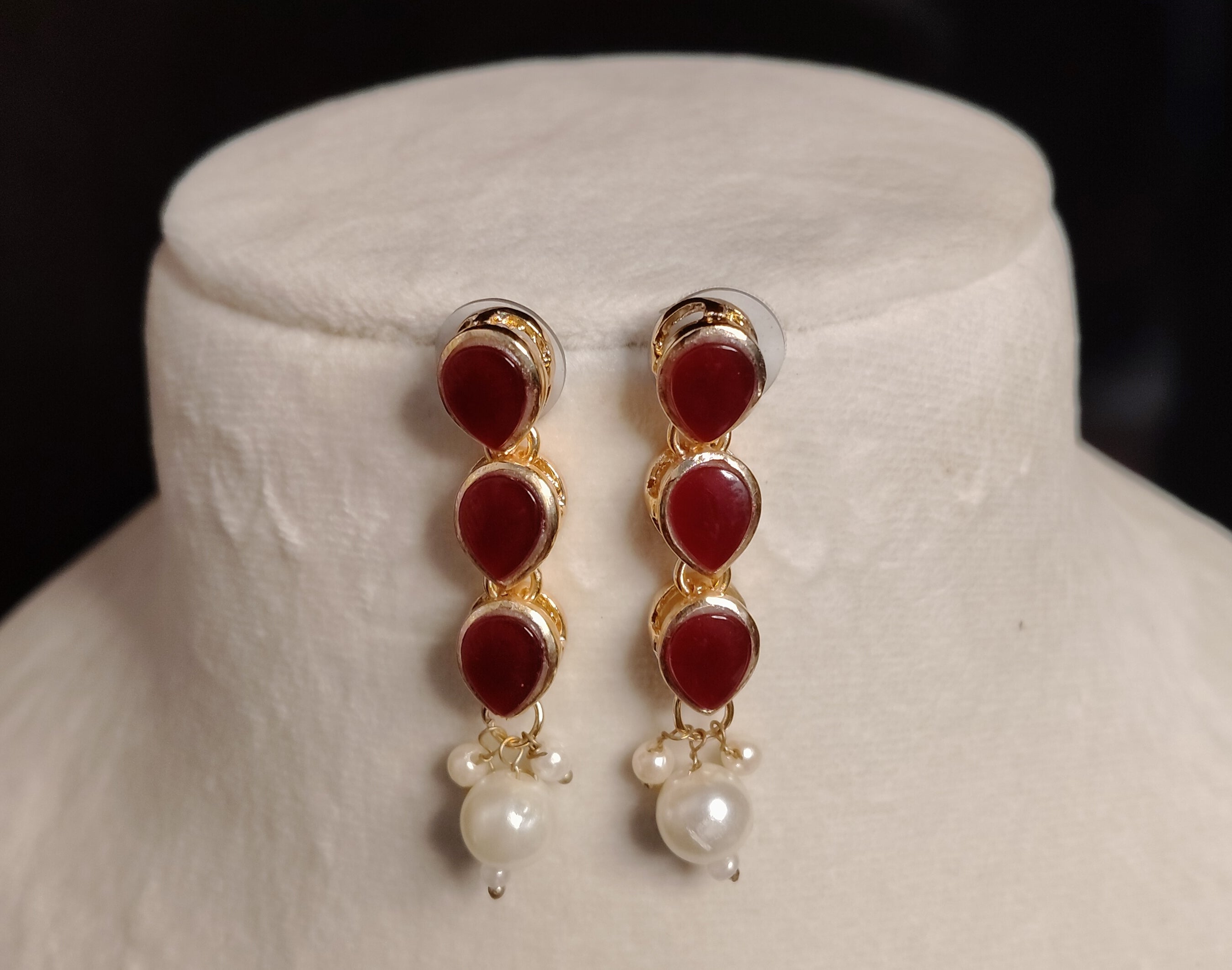 Gold Plated Kundan Single Line Maroon Necklace Earrings Pearls Set Roz Jewellers