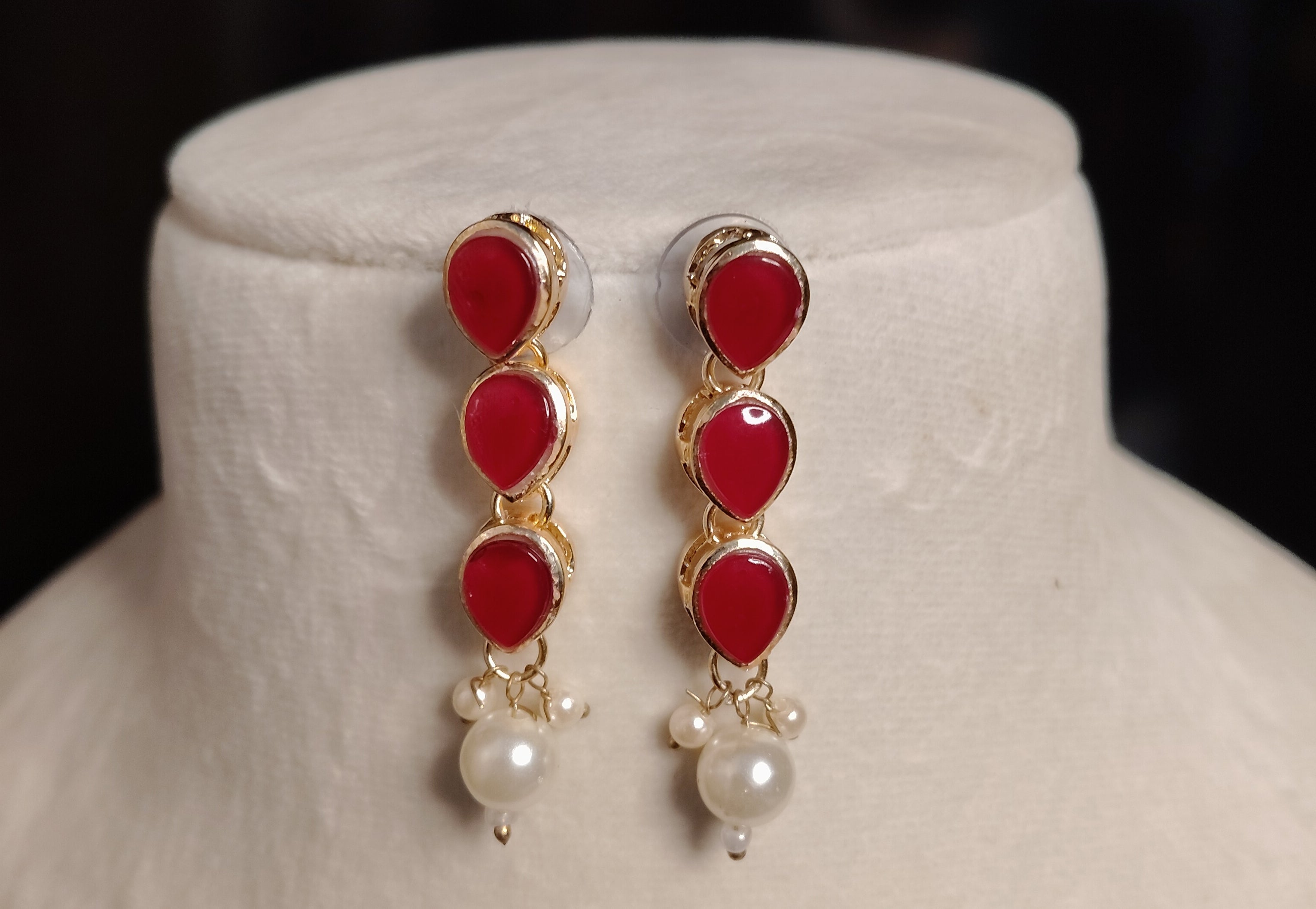 Gold Plated Kundan Red Stone Necklace Earrings Pearls Set Roz Jewellers