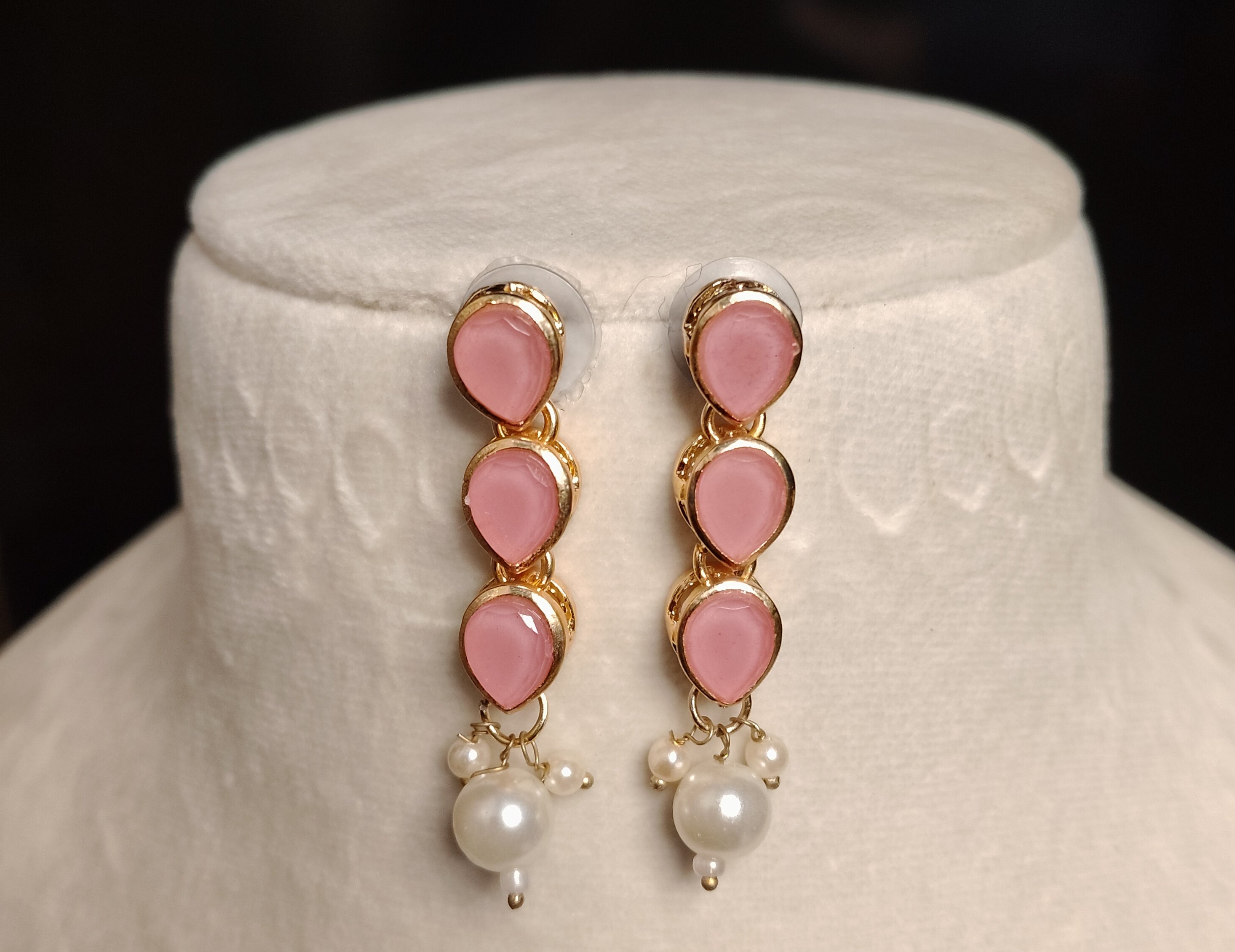Gold Plated Kundan Pink Stone Necklace Earrings Pearls Set Roz Jewellers