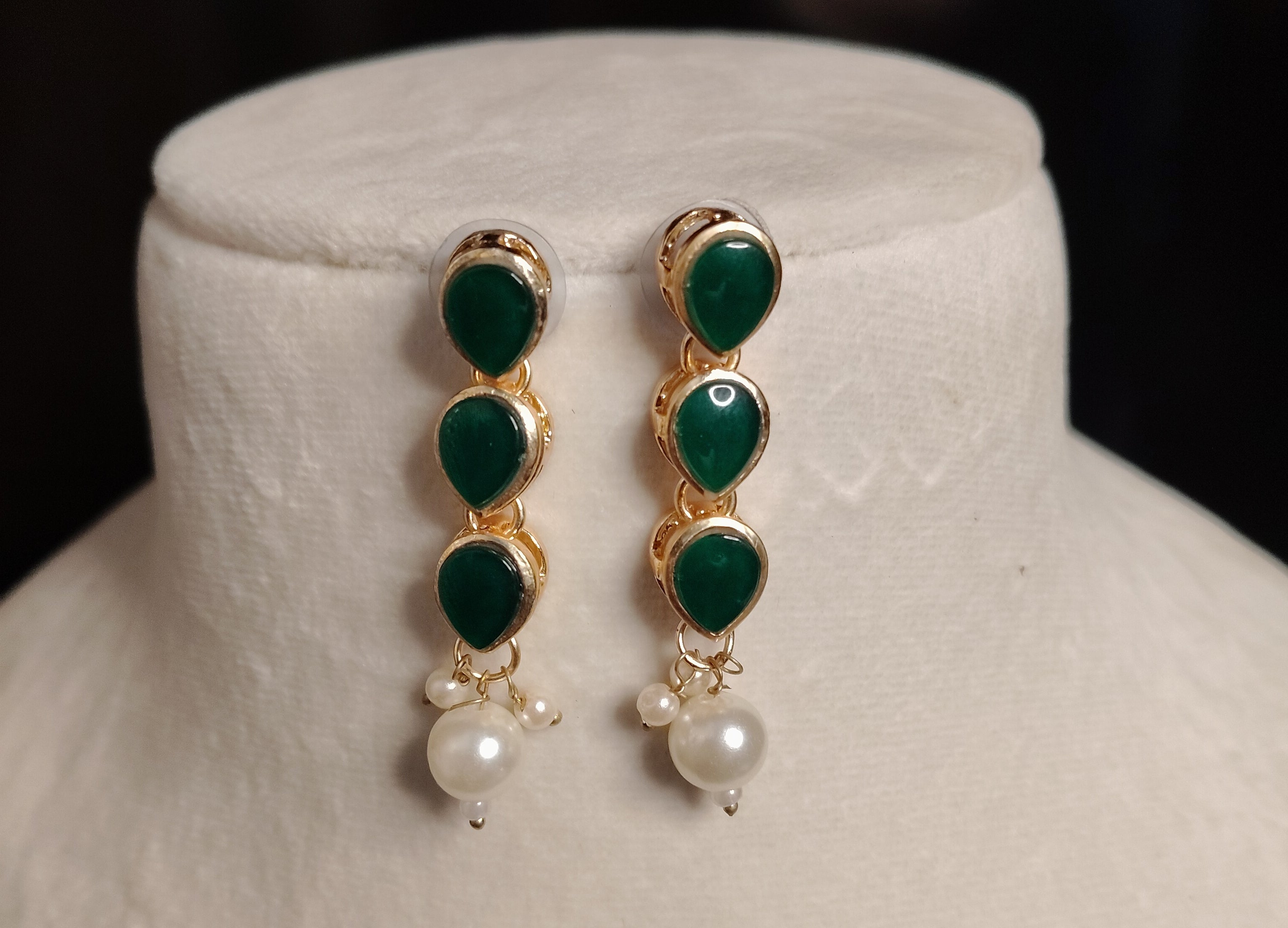 Gold Plated Kundan Green Stone Necklace Earrings Pearls Set Roz Jewellers
