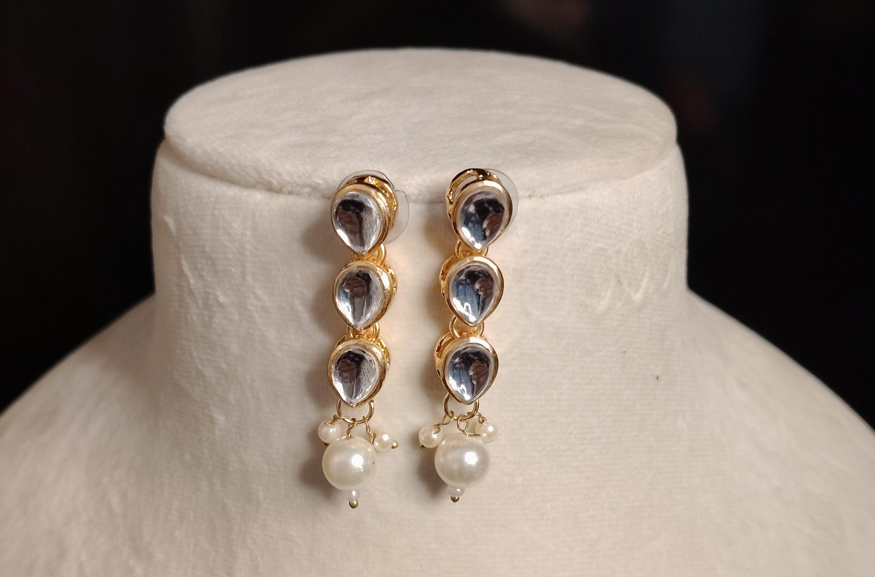 Gold Plated Kundan Single Line Necklace Earrings Pearls Set Roz Jewellers