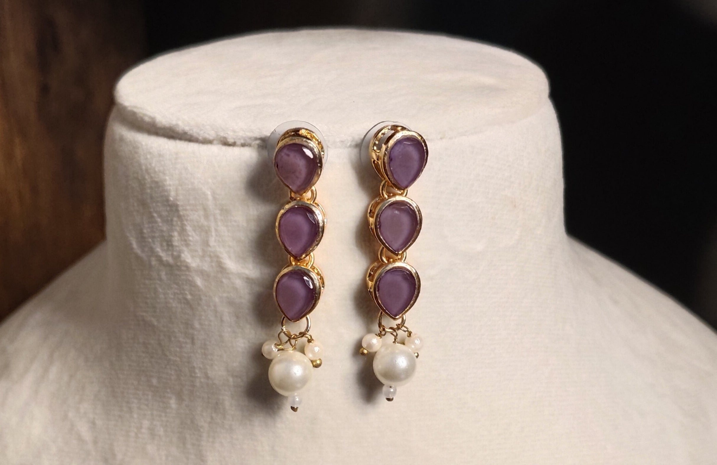 Gold Plated Kundan Purple Stone Necklace Earrings Pearls Set Roz Jewellers