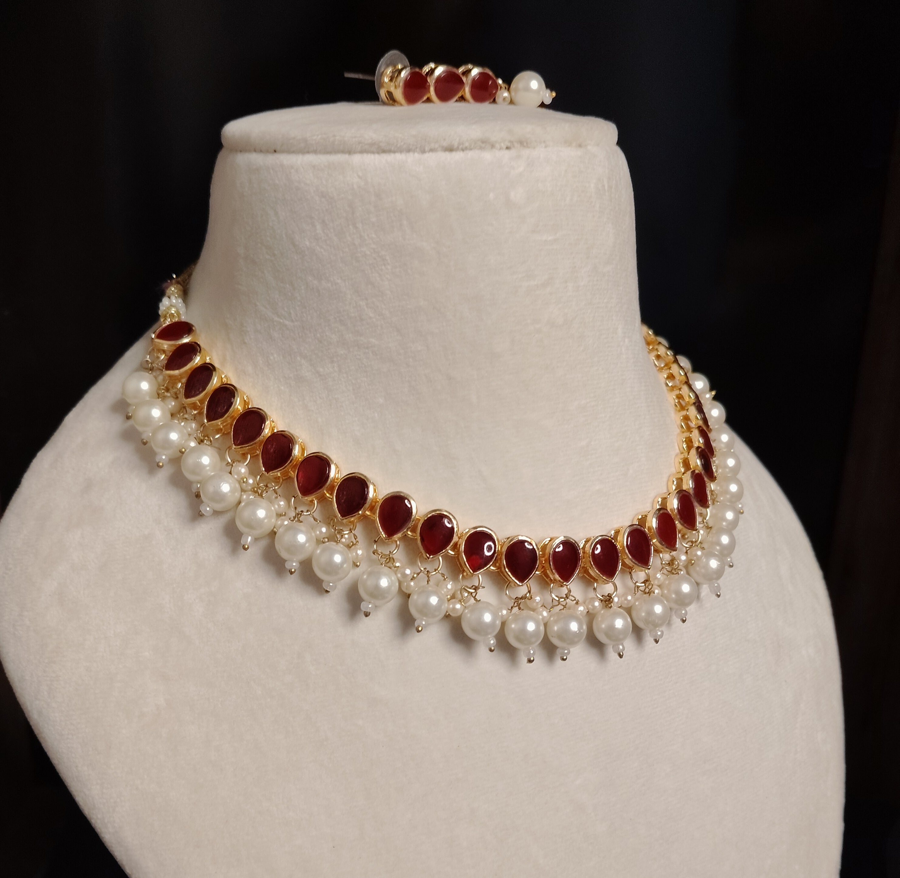 Gold Plated Kundan Single Line Maroon Necklace Earrings Pearls Set Roz Jewellers