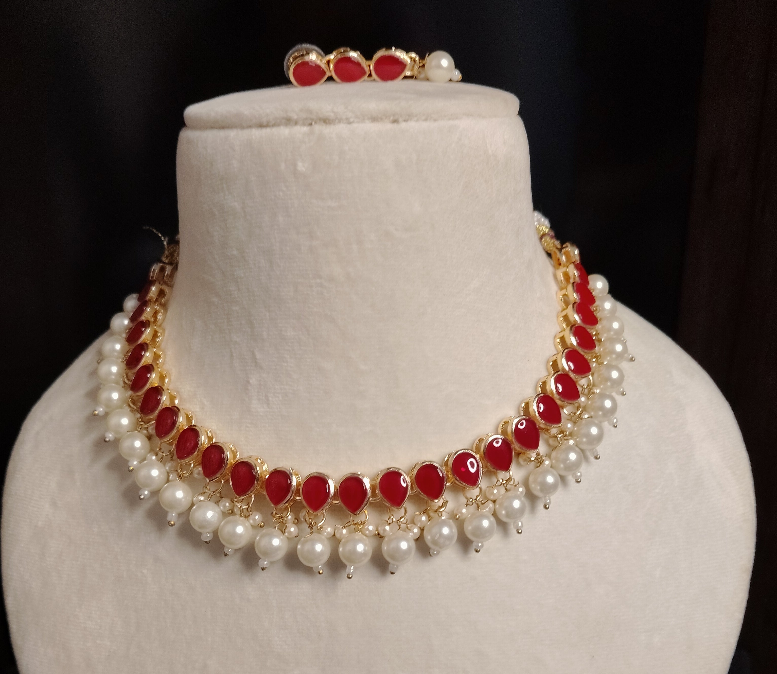 Gold Plated Kundan Red Stone Necklace Earrings Pearls Set Roz Jewellers