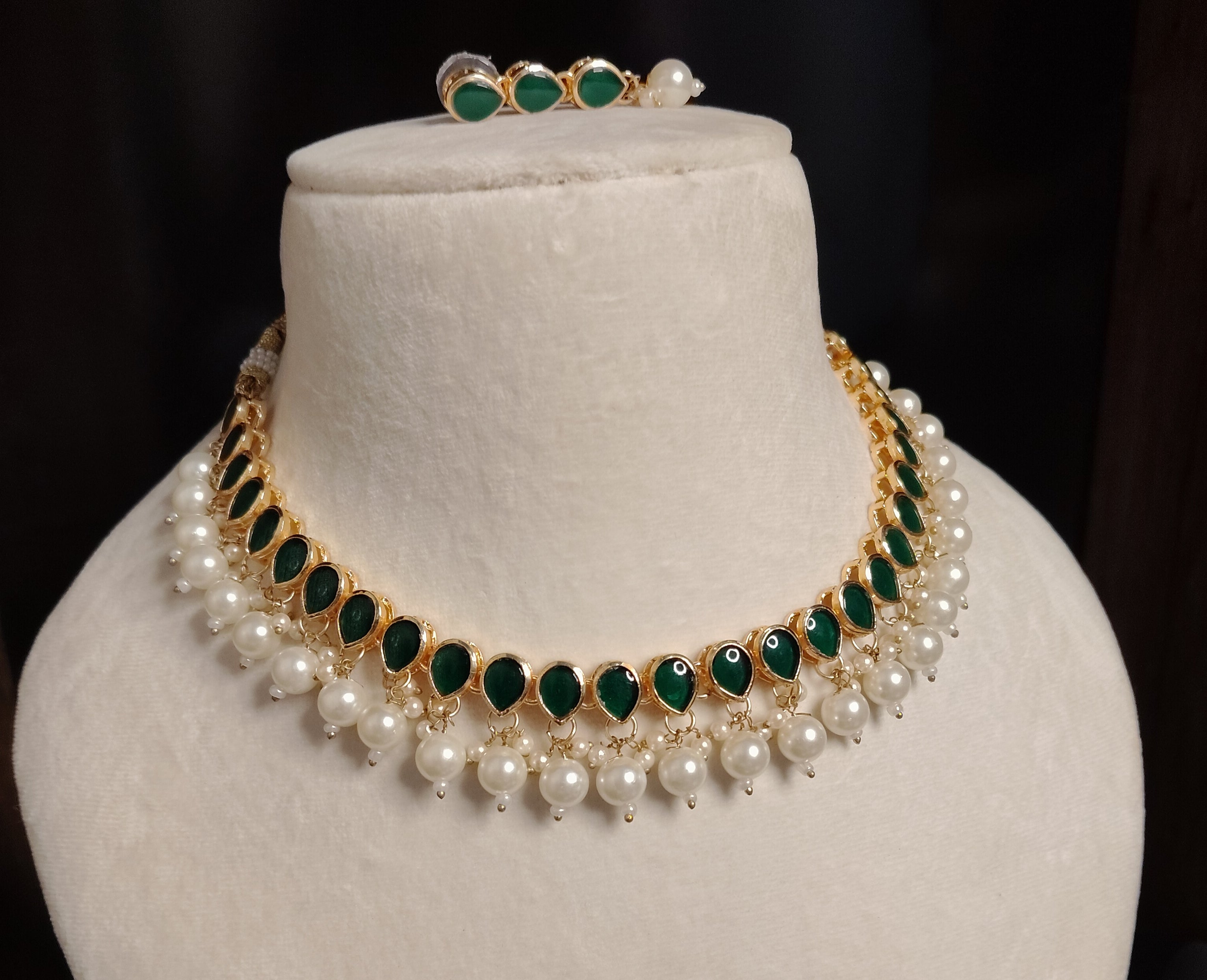 Gold Plated Kundan Green Stone Necklace Earrings Pearls Set Roz Jewellers