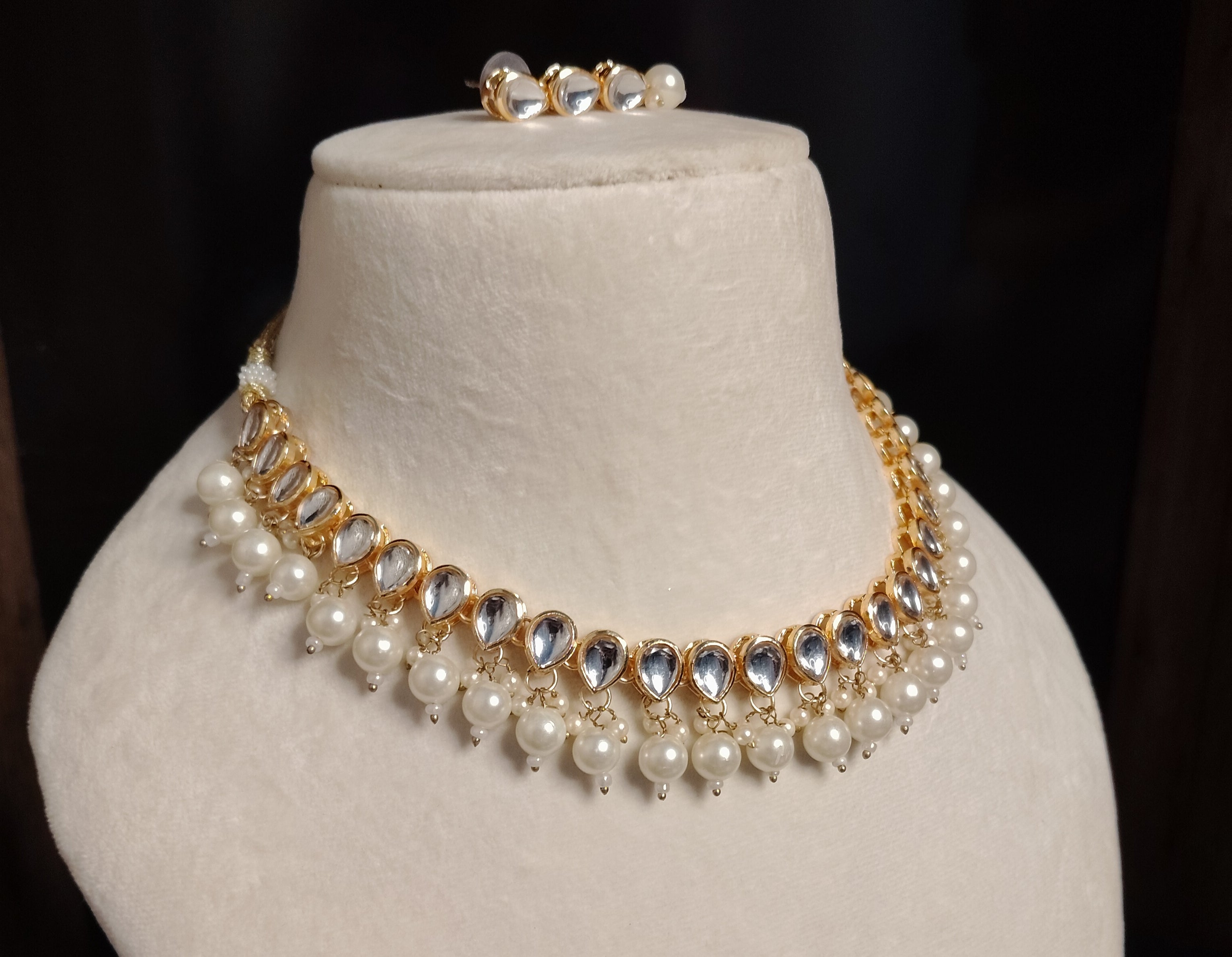 Gold Plated Kundan Single Line Necklace Earrings Pearls Set Roz Jewellers