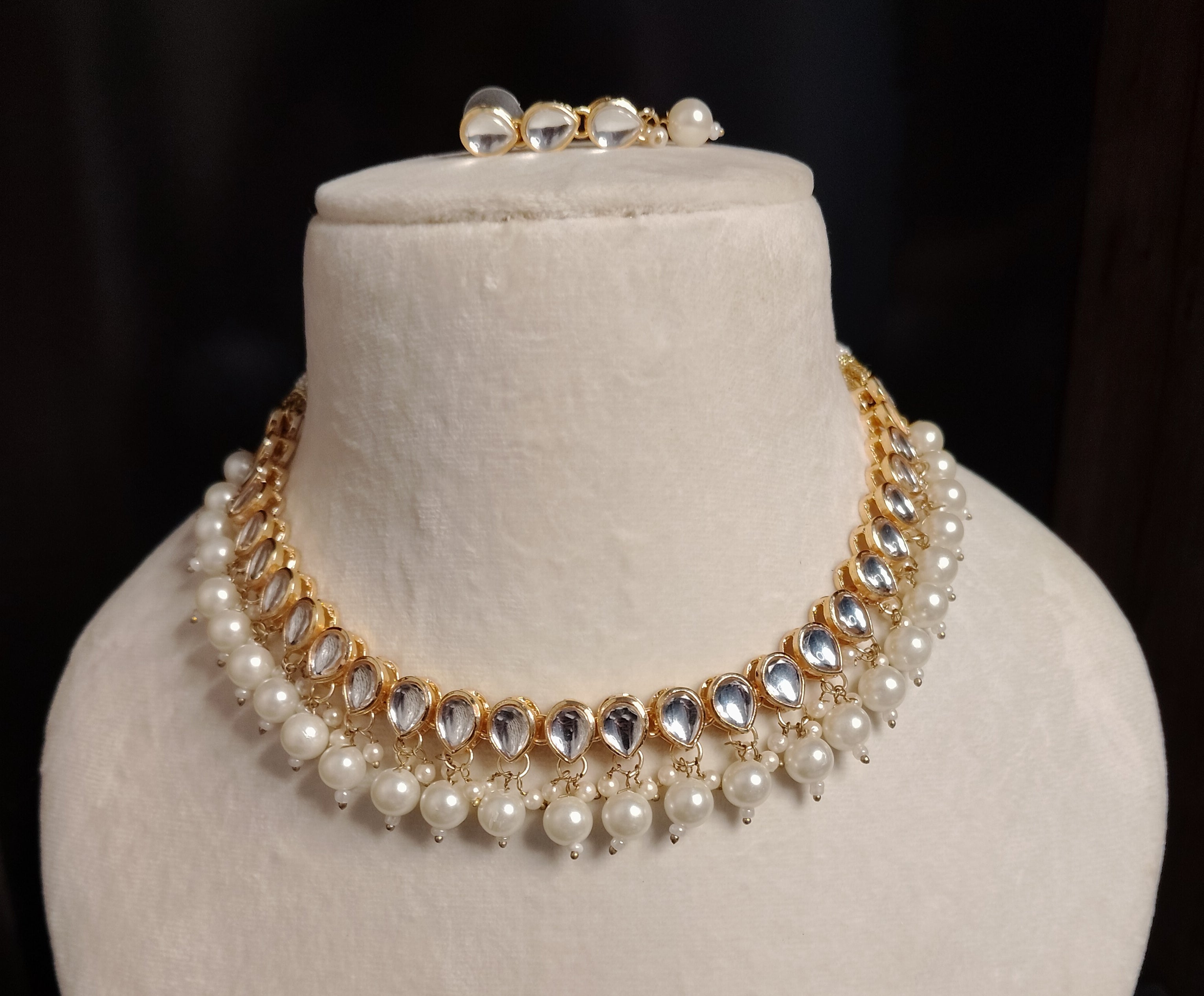 Gold Plated Kundan Single Line Necklace Earrings Pearls Set Roz Jewellers
