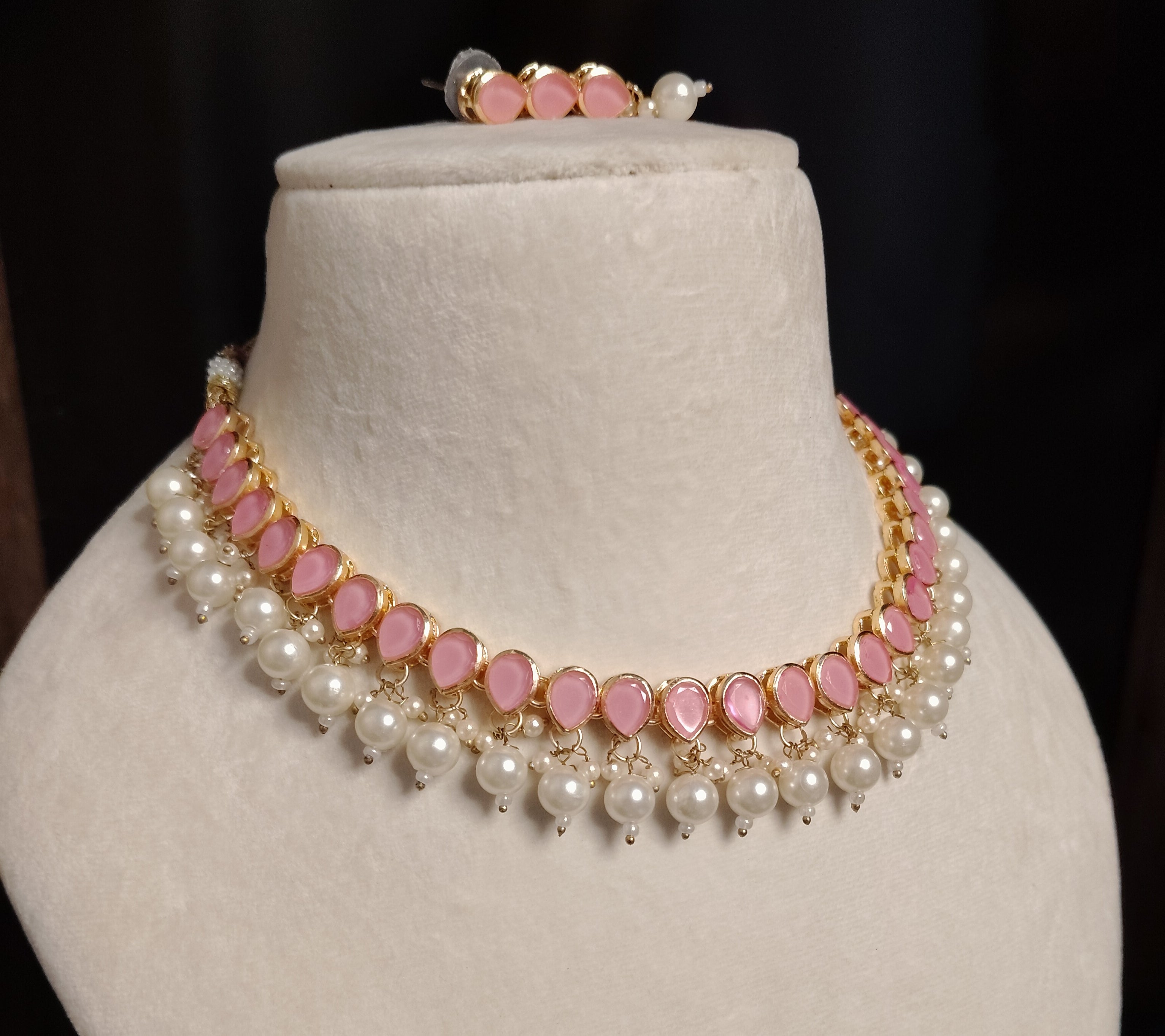 Gold Plated Kundan Pink Stone Necklace Earrings Pearls Set Roz Jewellers