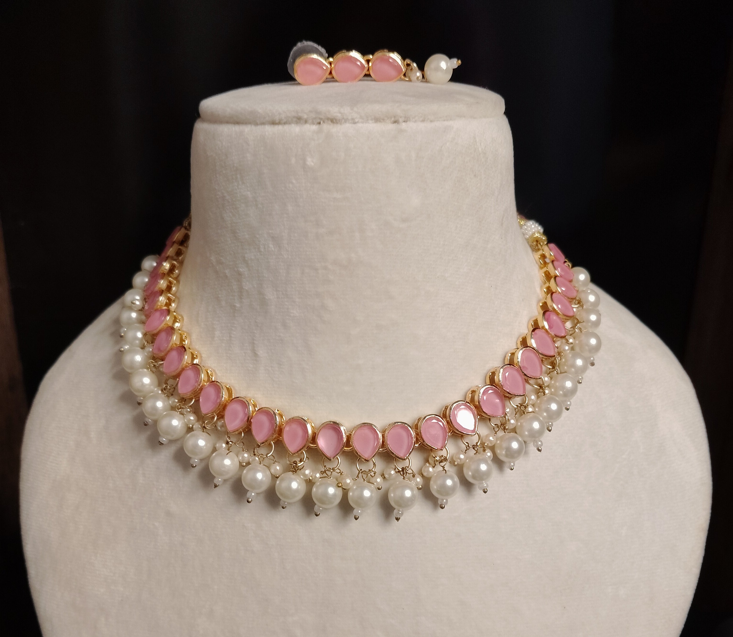 Gold Plated Kundan Pink Stone Necklace Earrings Pearls Set Roz Jewellers