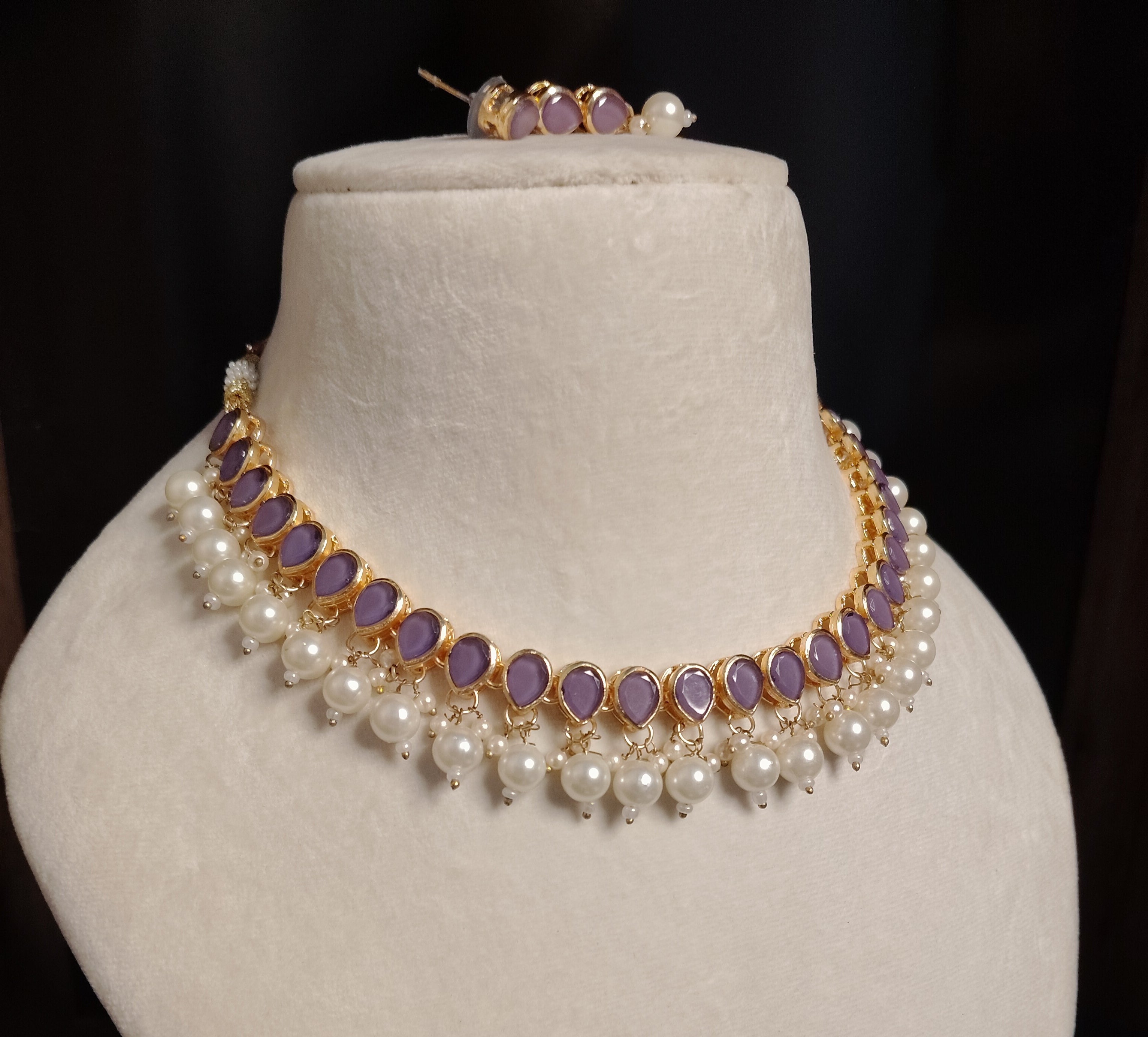 Gold Plated Kundan Purple Stone Necklace Earrings Pearls Set Roz Jewellers