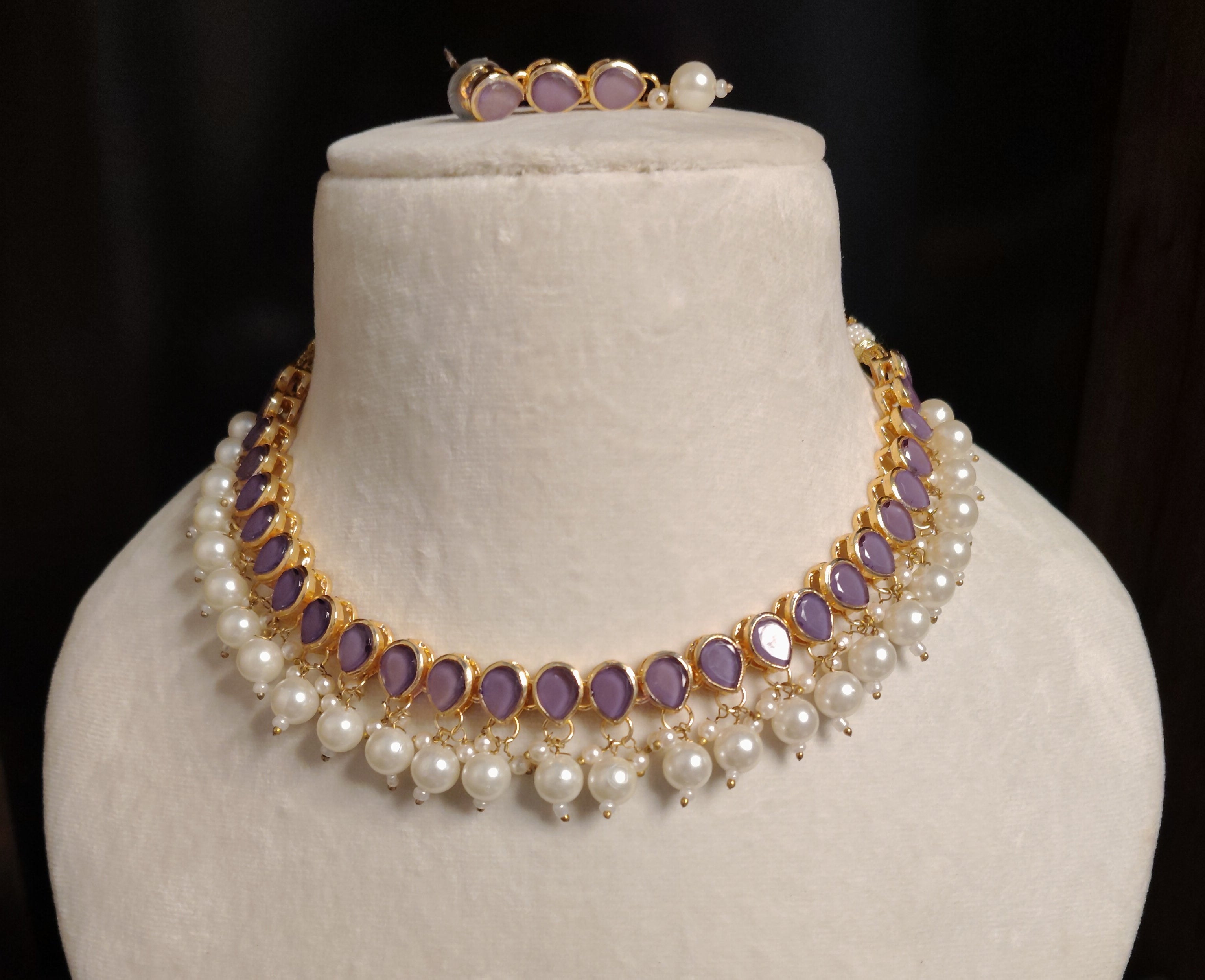 Gold Plated Kundan Purple Stone Necklace Earrings Pearls Set Roz Jewellers