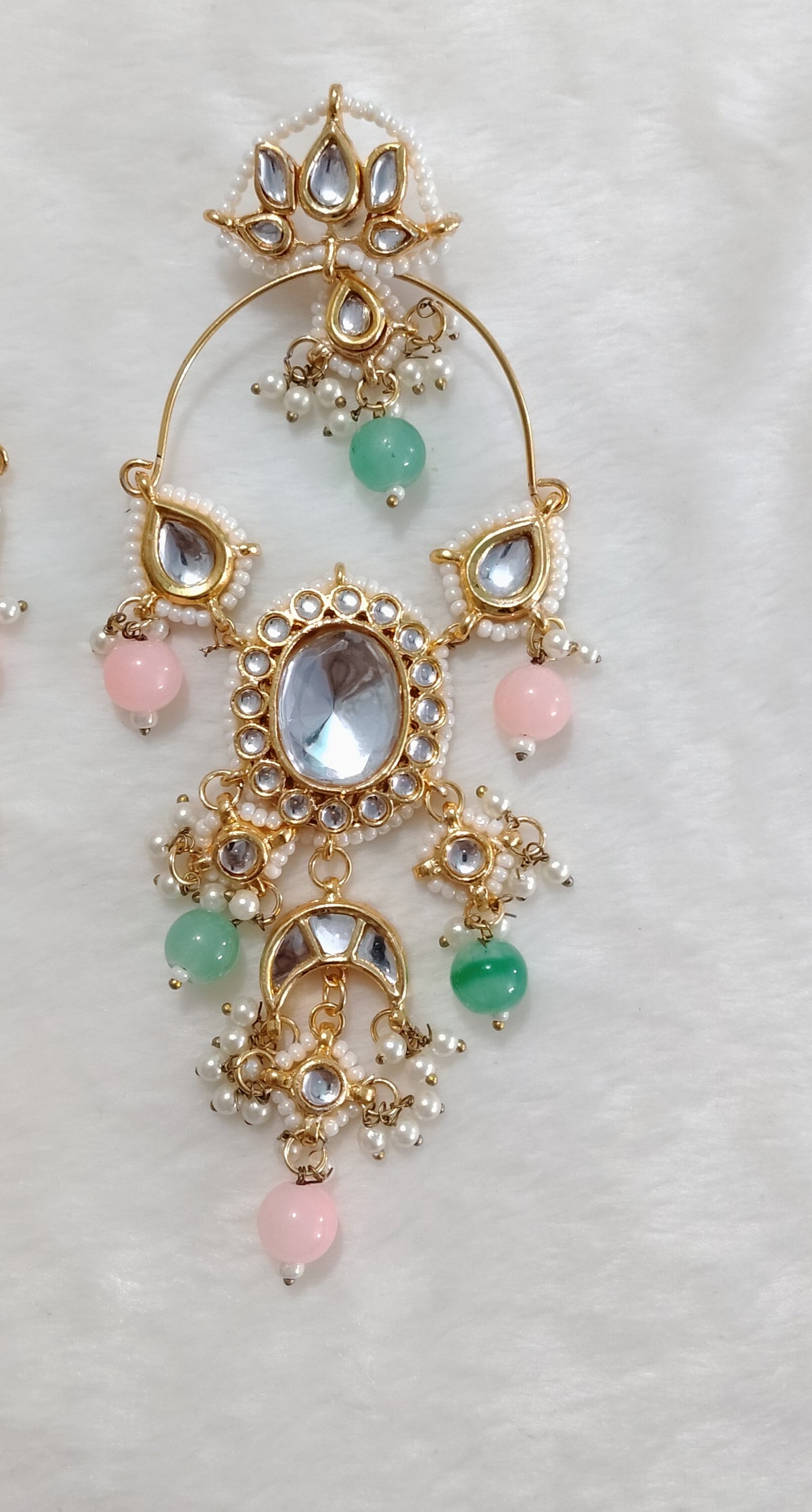 Statement Blush Pink, MInt Green Chandbali Earrin Kundan Indian Ethnic Jewellery Roz Jewellers.