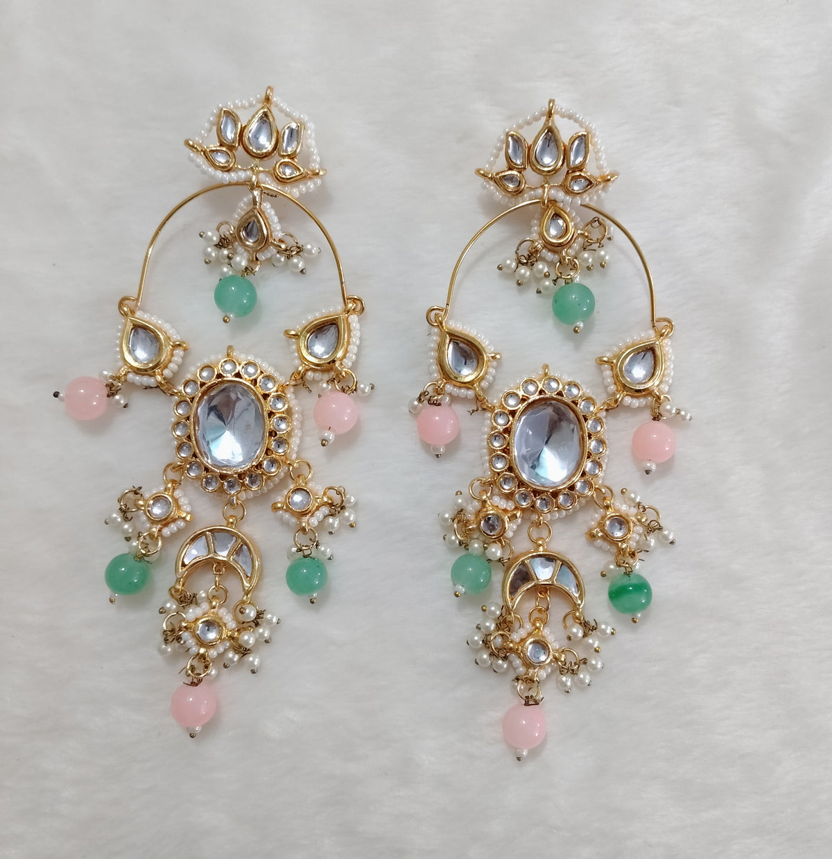 Statement Blush Pink, MInt Green Chandbali Earrin Kundan Indian Ethnic Jewellery Roz Jewellers.