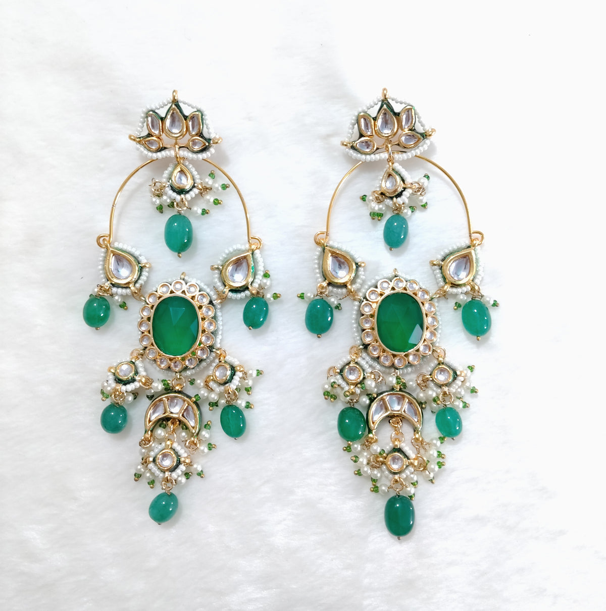Luxury Emerald Green Chandbali Earrings Kundan Bridal Ethnic Statement Jewellery Roz Jewellers.
