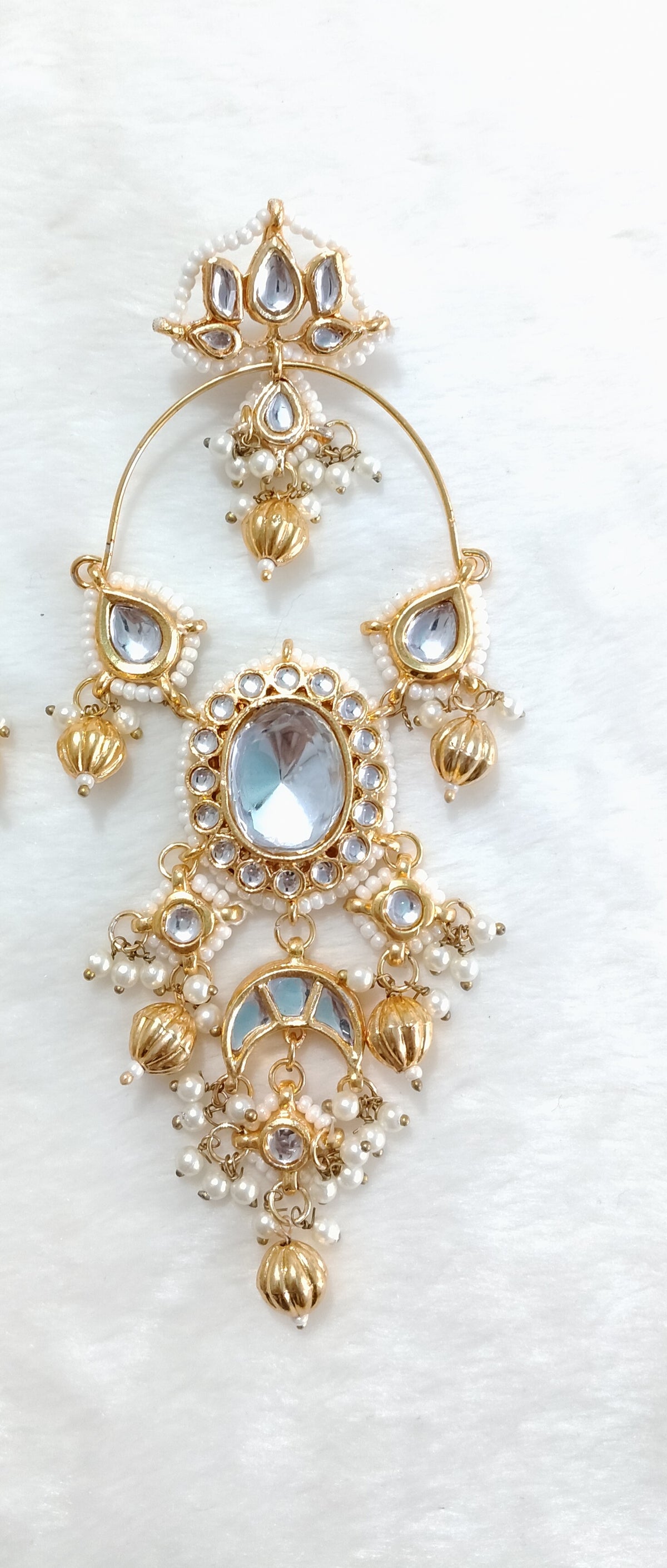 Luxury White and Gold Chandbali Earrings Indian Kundan Bridal Ethnic Roz Jewellers