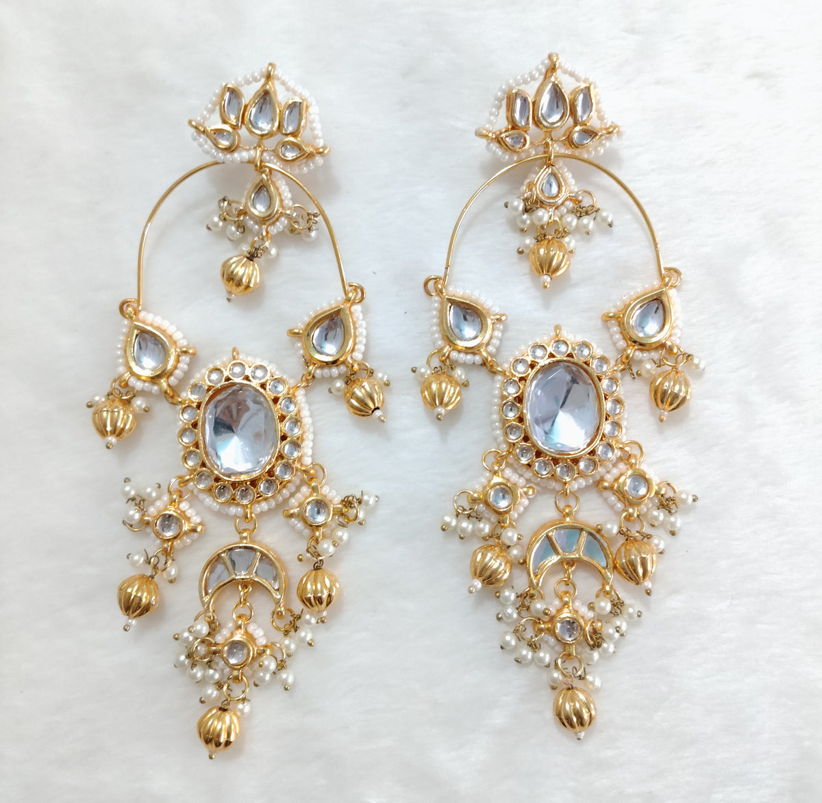 Luxury White and Gold Chandbali Earrings Indian Kundan Bridal Ethnic Roz Jewellers