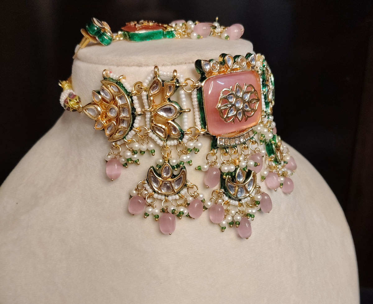 Designer Indian Pink Kundan Choker Necklace Bridal Wedding Statement Jewellery Roz Jewellers.