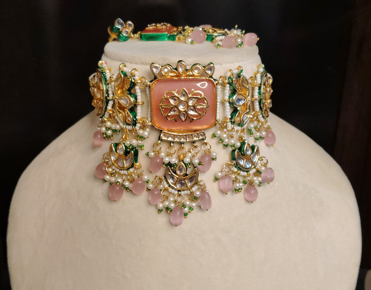 Designer Indian Pink Kundan Choker Necklace Bridal Wedding Statement Jewellery Roz Jewellers.