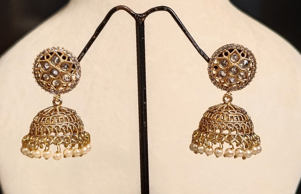 Traditional Gold Filigree Polki Jhumkas with Pearl Drops Roz Jewellers.