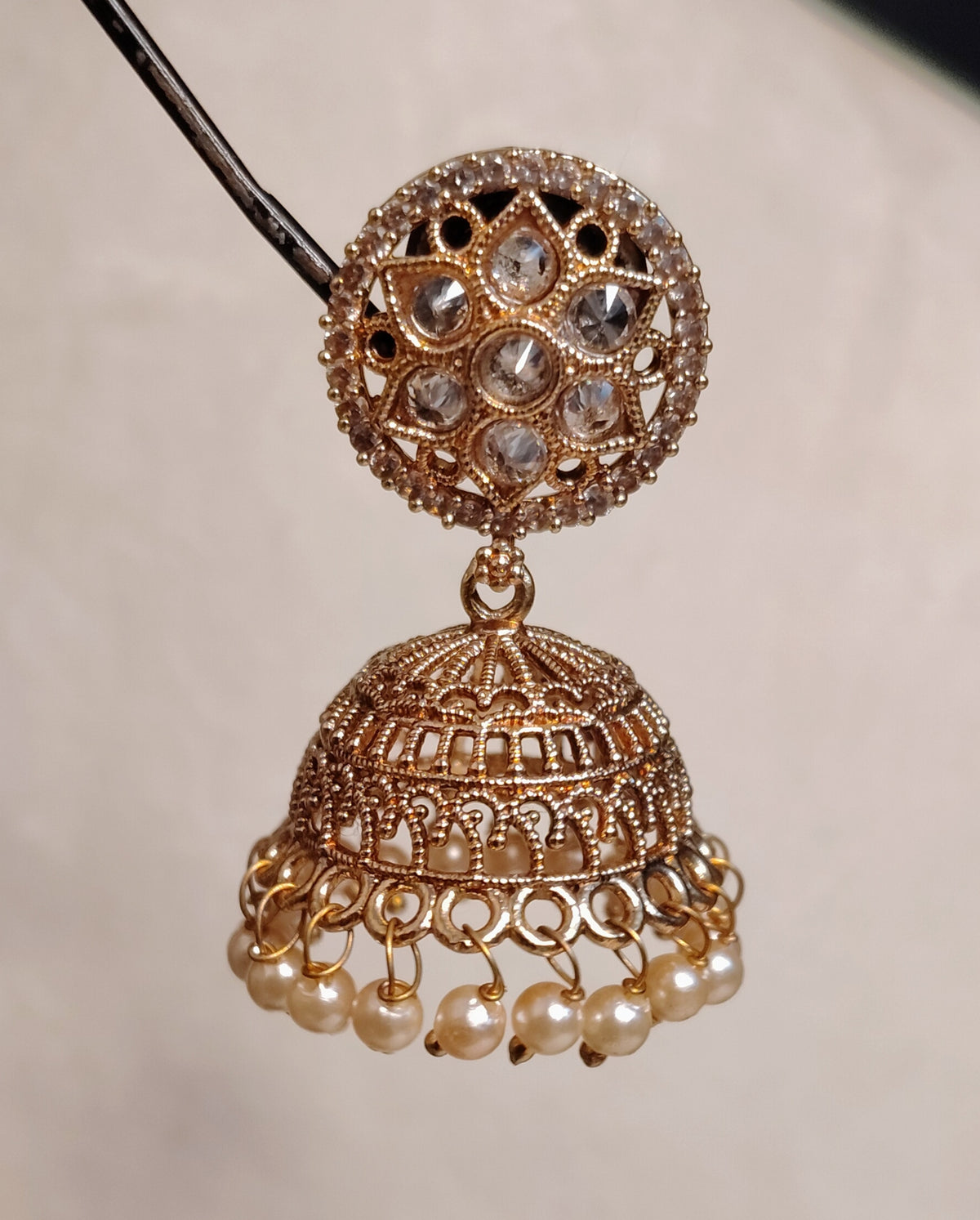 Traditional Gold Filigree Polki Jhumkas with Pearl Drops Roz Jewellers.
