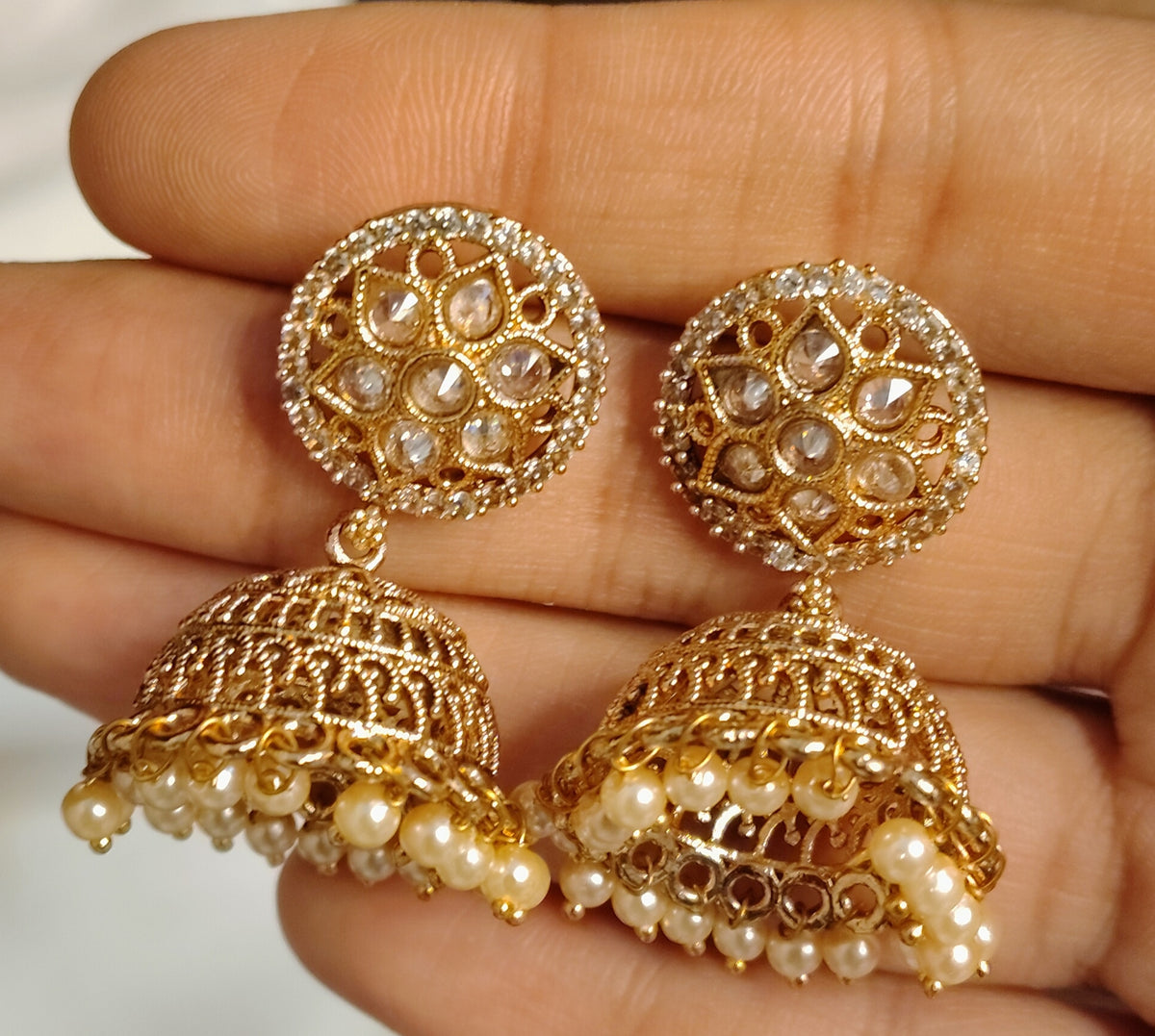 Traditional Gold Filigree Polki Jhumkas with Pearl Drops Roz Jewellers.