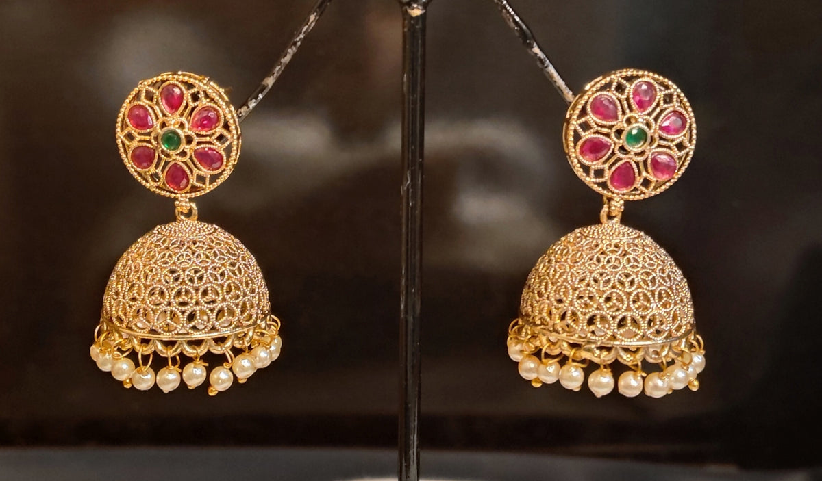 Pakistani Ruby, Emerald Gold Filigree Polki Jhumka with Pearl Roz Jewellers.